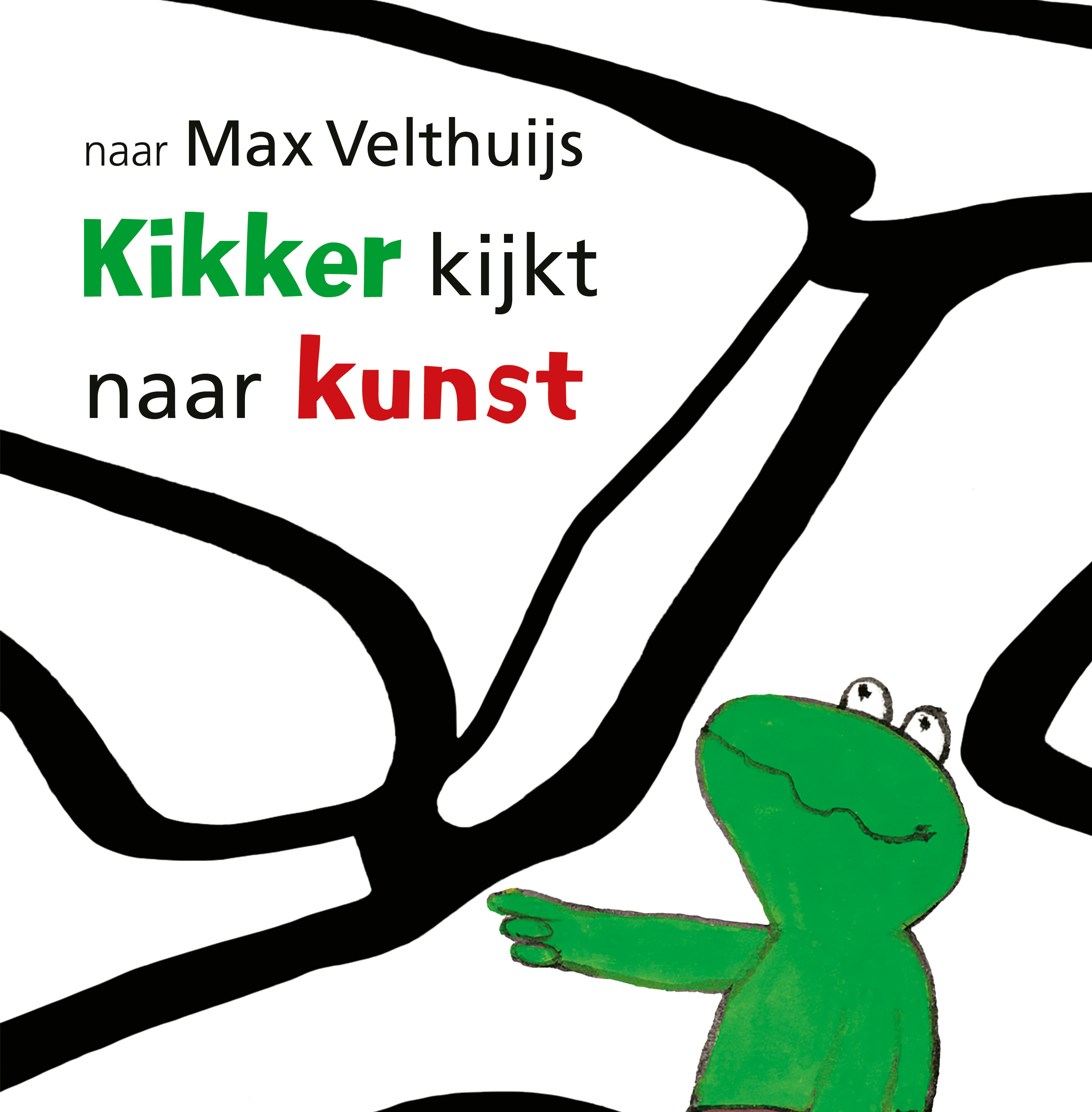 Boekcover met een getekende groene kikker die naar een abstract zwart-wit patroon wijst, met tekst in verschillende kleuren: "naar Max Velthuijs Kikker kijkt naar kunst". Promotie voor een prentenboek van Leopold en Kröller-Müller Museum.