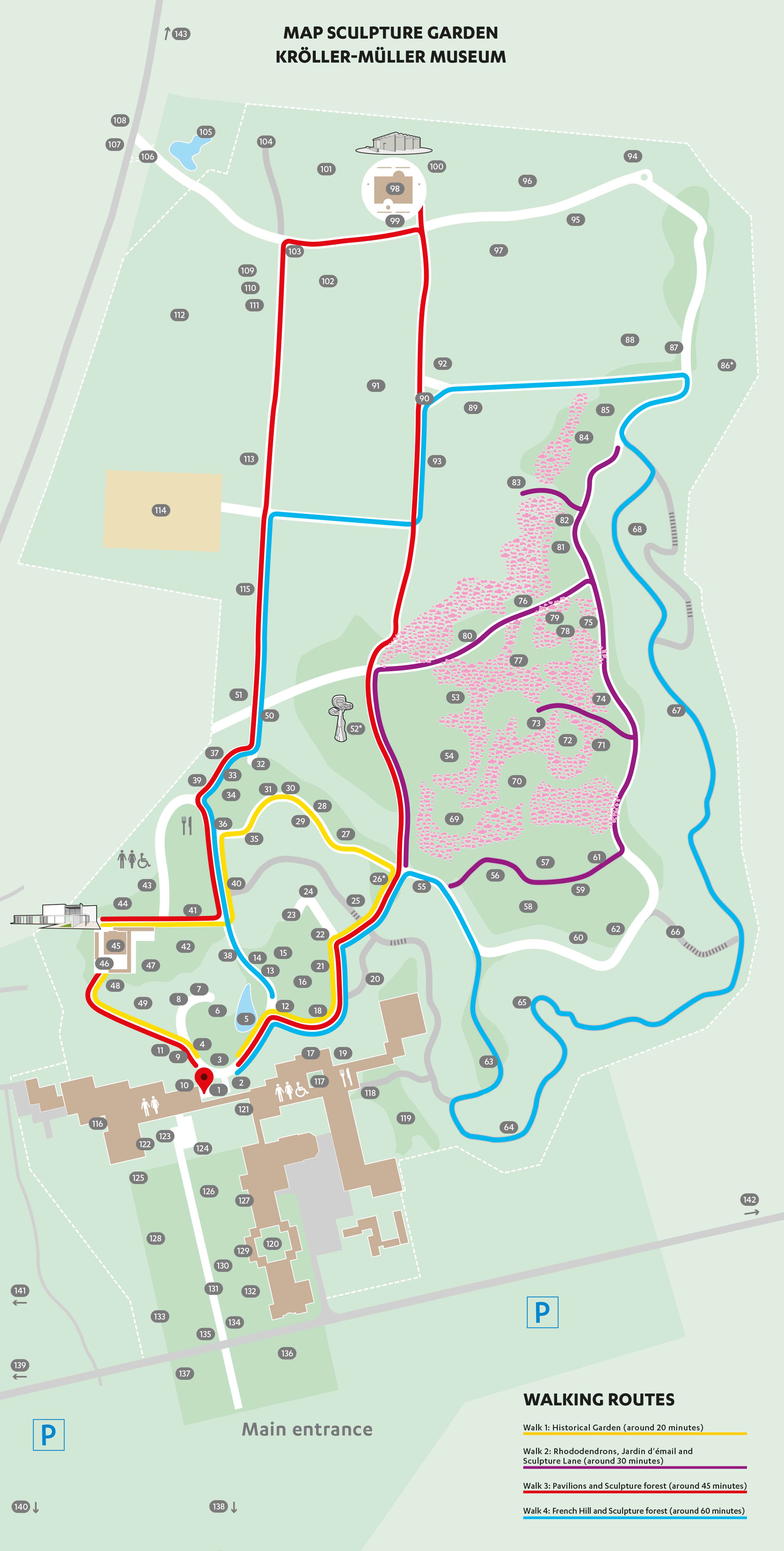 Map of the Kröller-Müller Museum Sculpture Garden shows walking routes with four colour-coded paths: yellow, orange, red and blue, each with different lengths and starting points.
