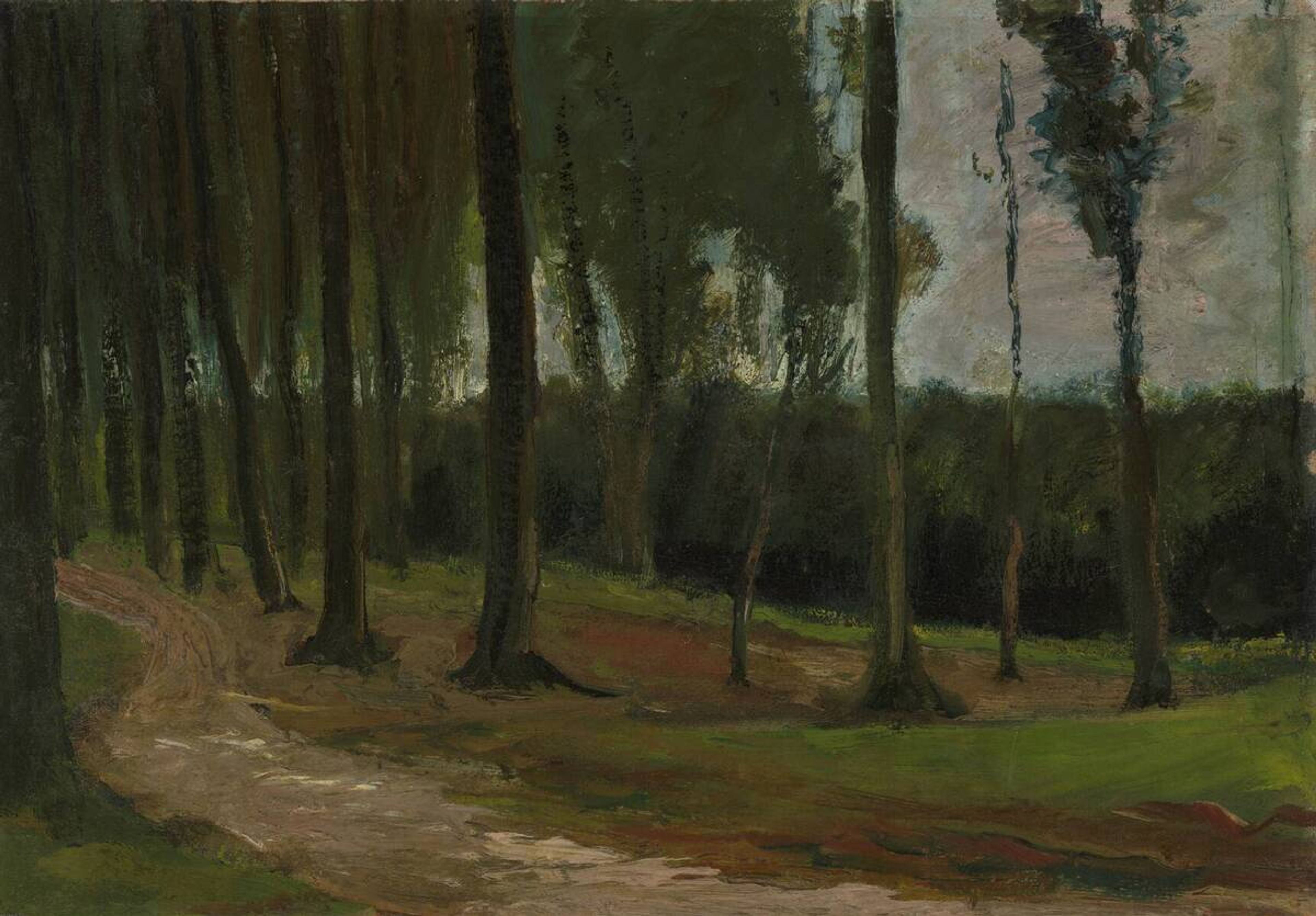 Vincent van Gogh, _Bosrand_, augustus-september 1883 'Bosrand' van Vincent van Gogh, schilderij met weg door het bos met bomen