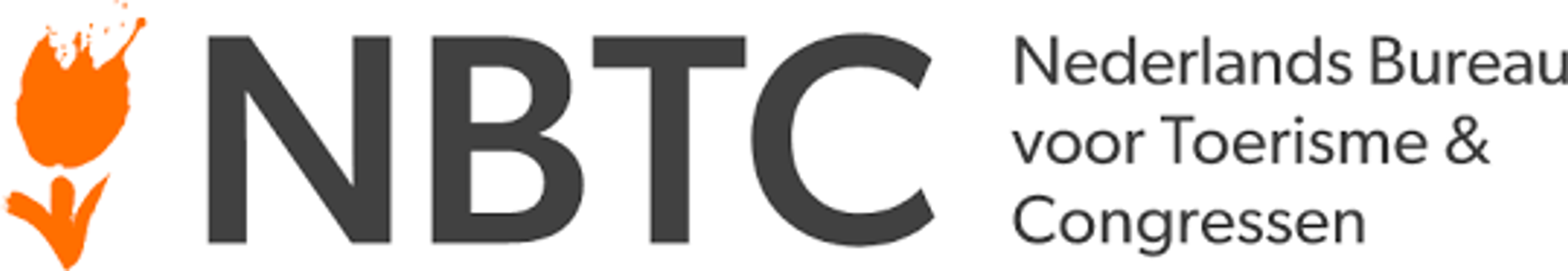 Logo on a white background with an orange painted tulip on the left and the uppercase letters “NBTC” next to it, alongside the words "Nederlands Bureau voor Toerisme en Congressen"