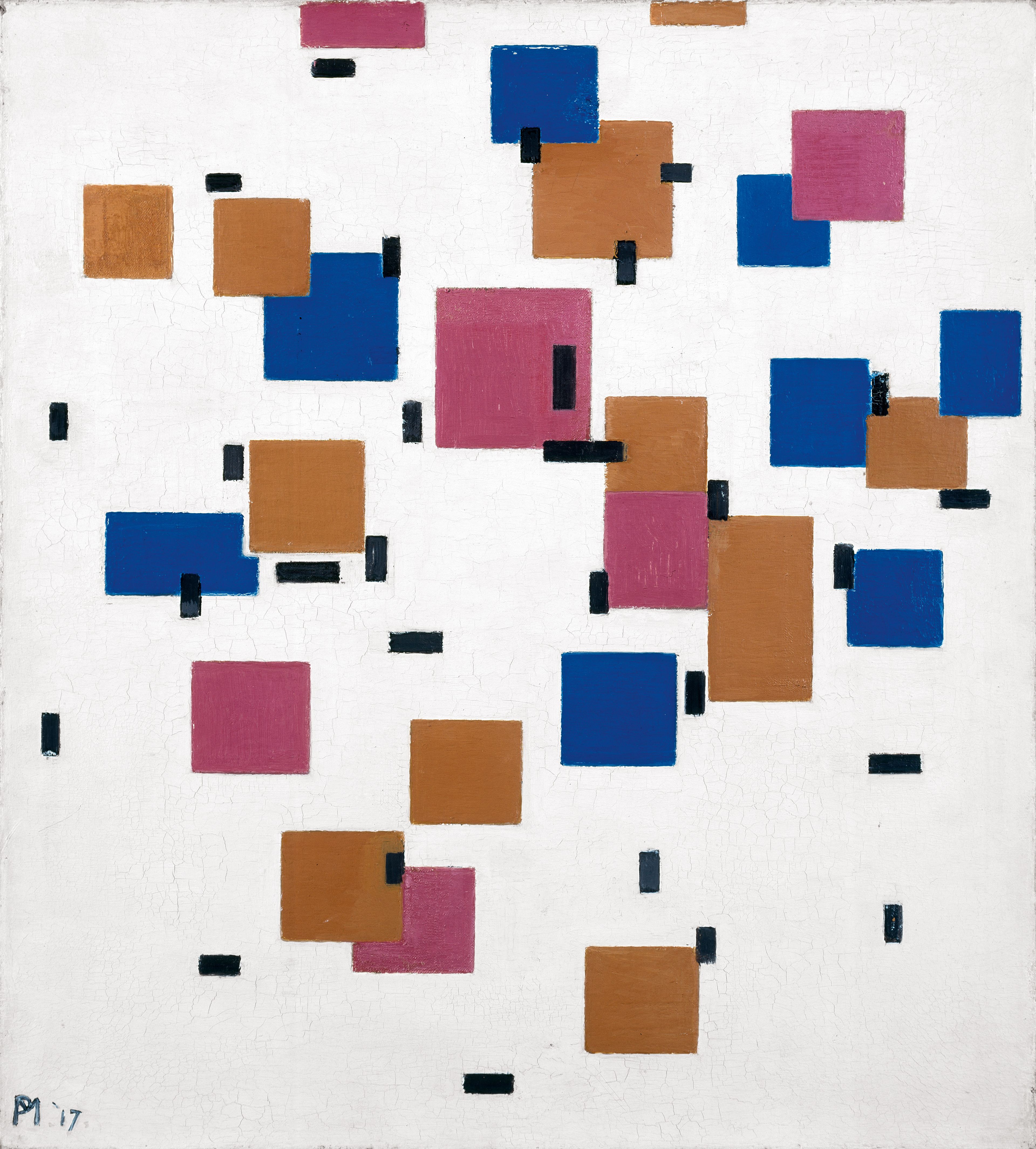 Piet Mondriaan, Compositie in kleur A, 1917 Abstract schilderij met een patroon van vierkanten in blauw, bruin en roze verspreid over een witte achtergrond, aangevuld met kleine zwarte rechthoeken. Compositie benadrukt geometrische vormen en kleurcontrasten