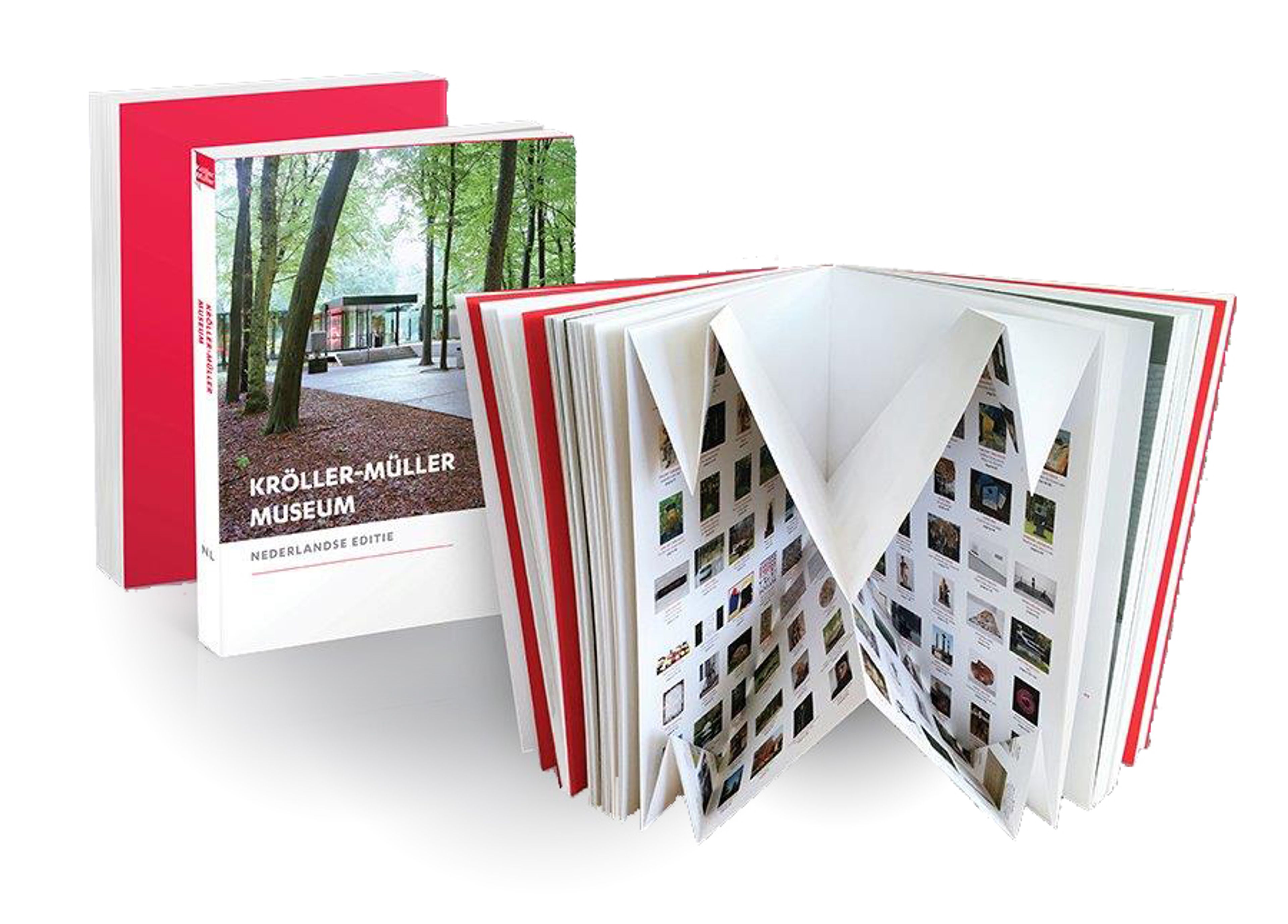 Een boek over de collectie van het Kröller-Müller Museum. Linksachter een foto van de voorkant van het boek.. Rechtsonder een foto van het openklapte boek met afbeeldingen van kunstwerken.