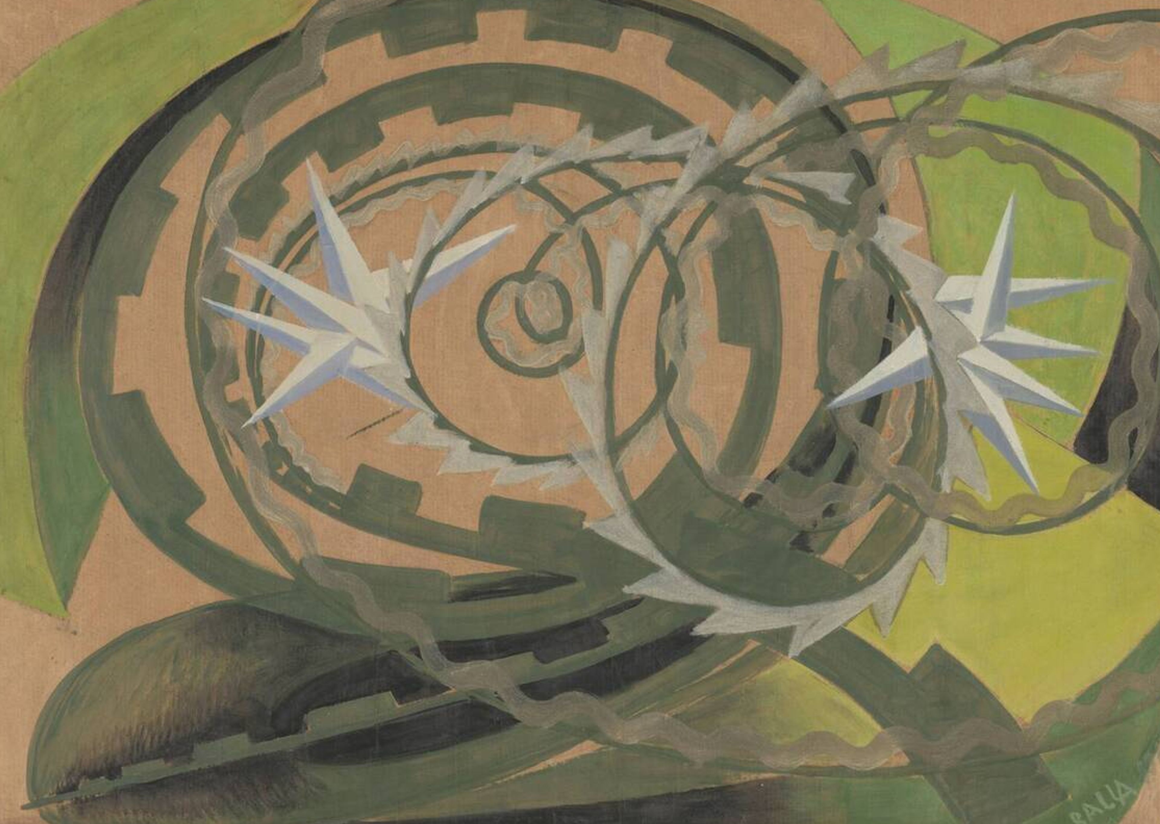 Abstract schilderij met cirkelvormige en tandwielachtige vormen in groen- en bruintinten, aangevuld met witte sterachtige elementen. 