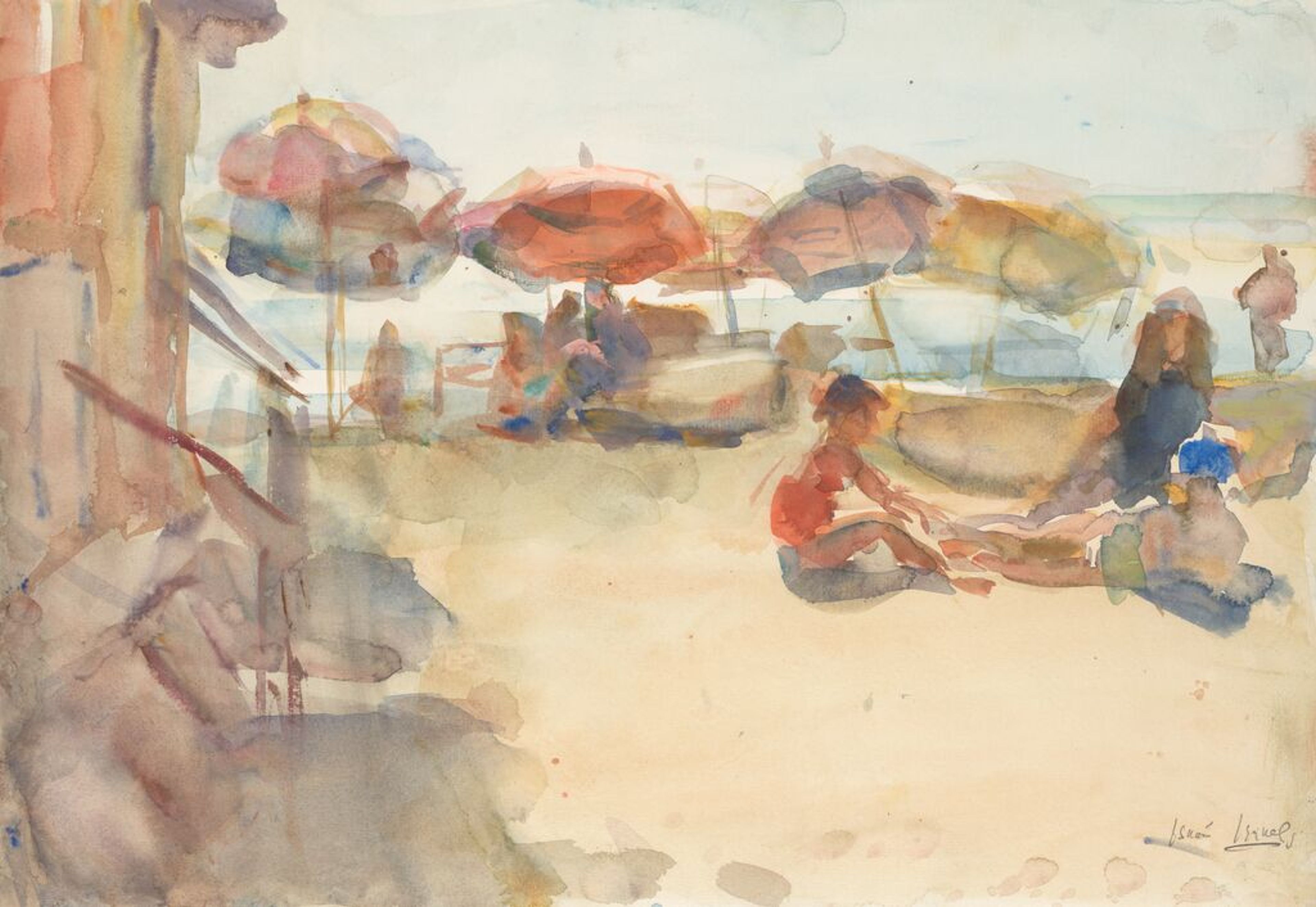 Isaac Israels, _Figuren op een zonnig strand_, Italië, 1923-1929 Aquarel van een strand, met parasols en drie personen in het zand