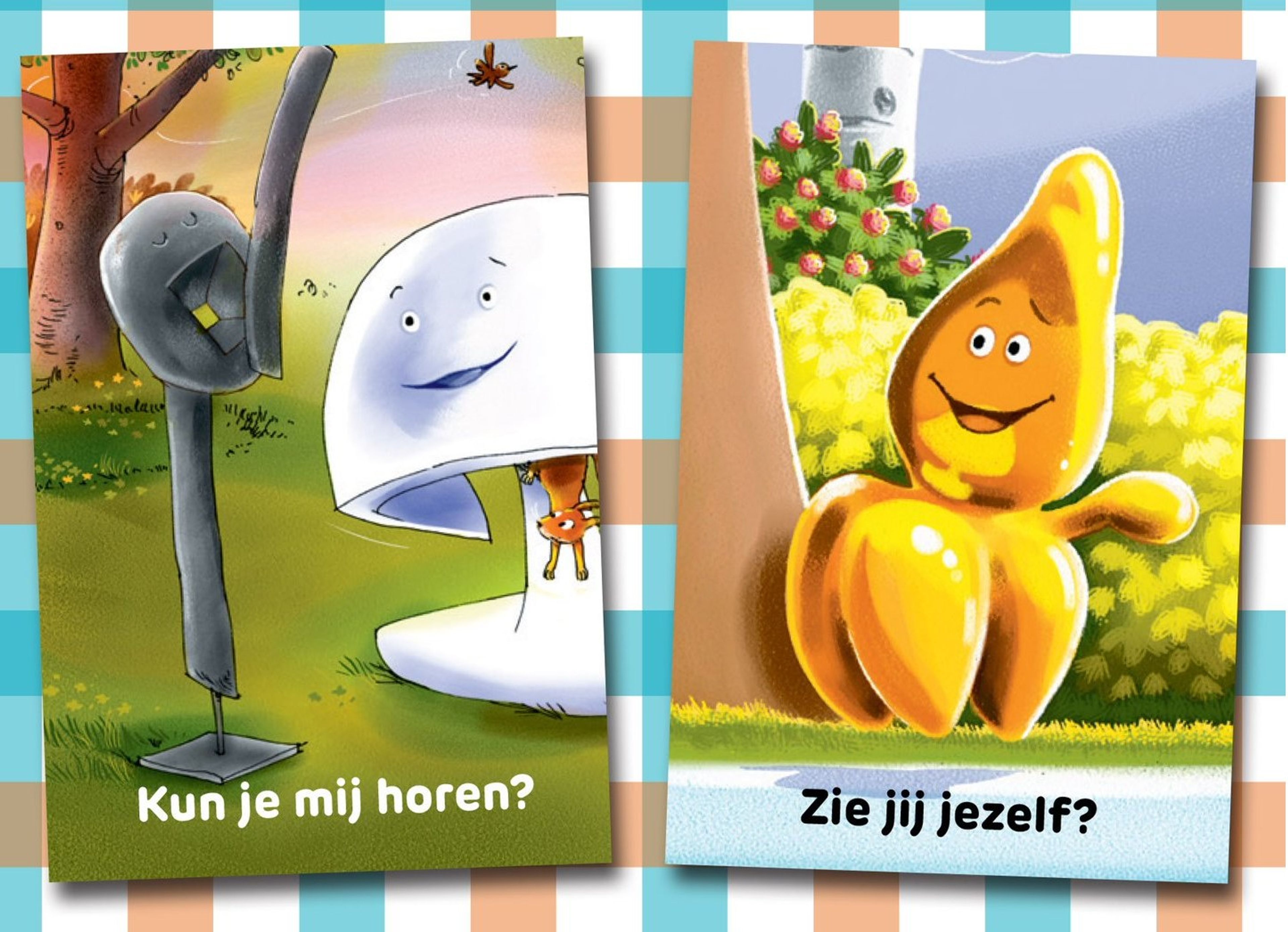 Twee illustraties met antropomorfe objecten en teksten in het Nederlands, bedoeld voor educatie. Links een tekst "Kun je mij horen?" en rechts een glimlachende gele druppelvorm met tekst "Zie jij jezelf?", beide geplaatst in kleurrijke buitenomgevingen.