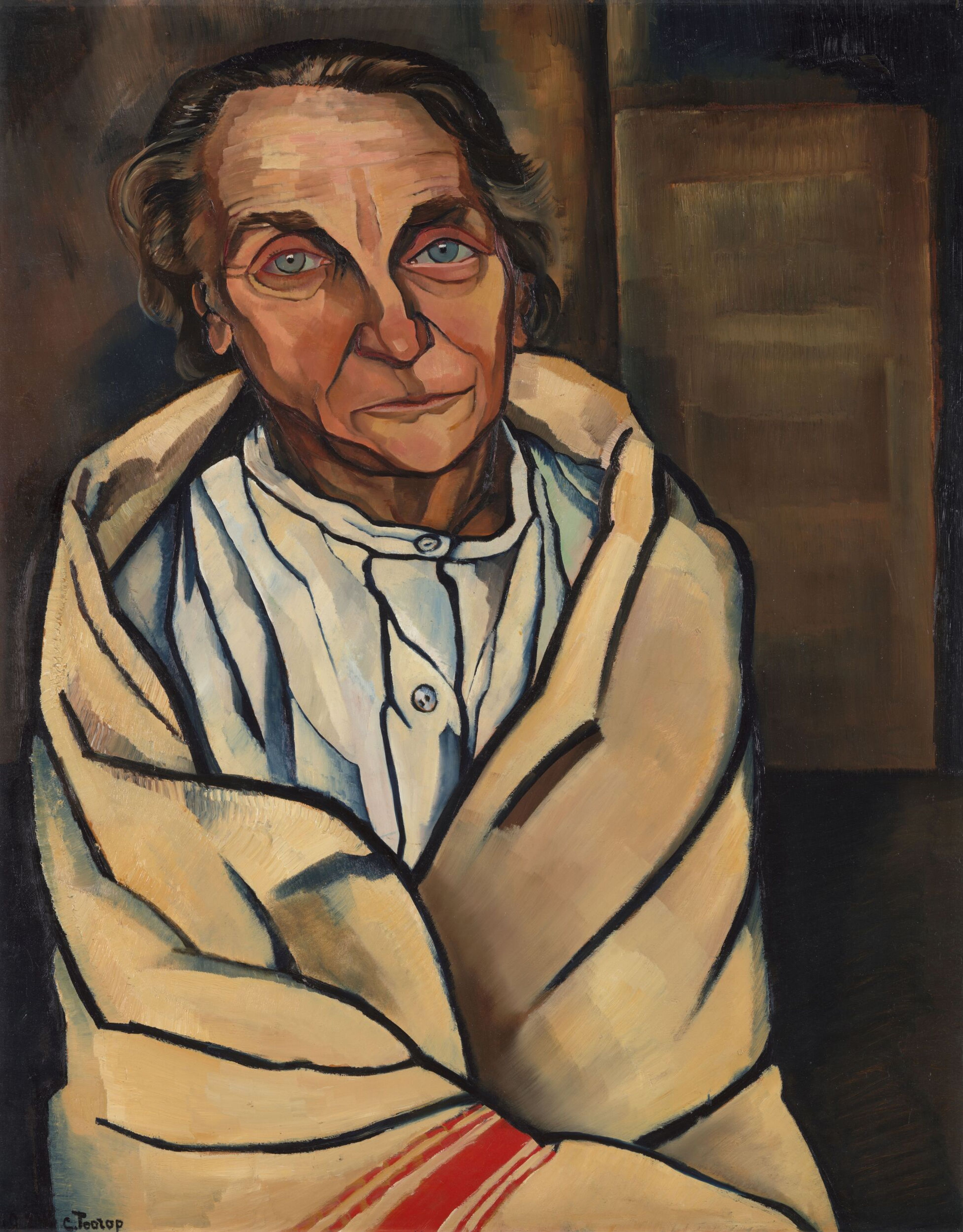 Charley Toorop, _Patiënt van het Willem Arntsz Huis_, 1924 Portretschilderij van een vrouw met blauwgrijze ogen, gewikkeld in een beige deken met rode strepen, zittend tegen een donkere achtergrond