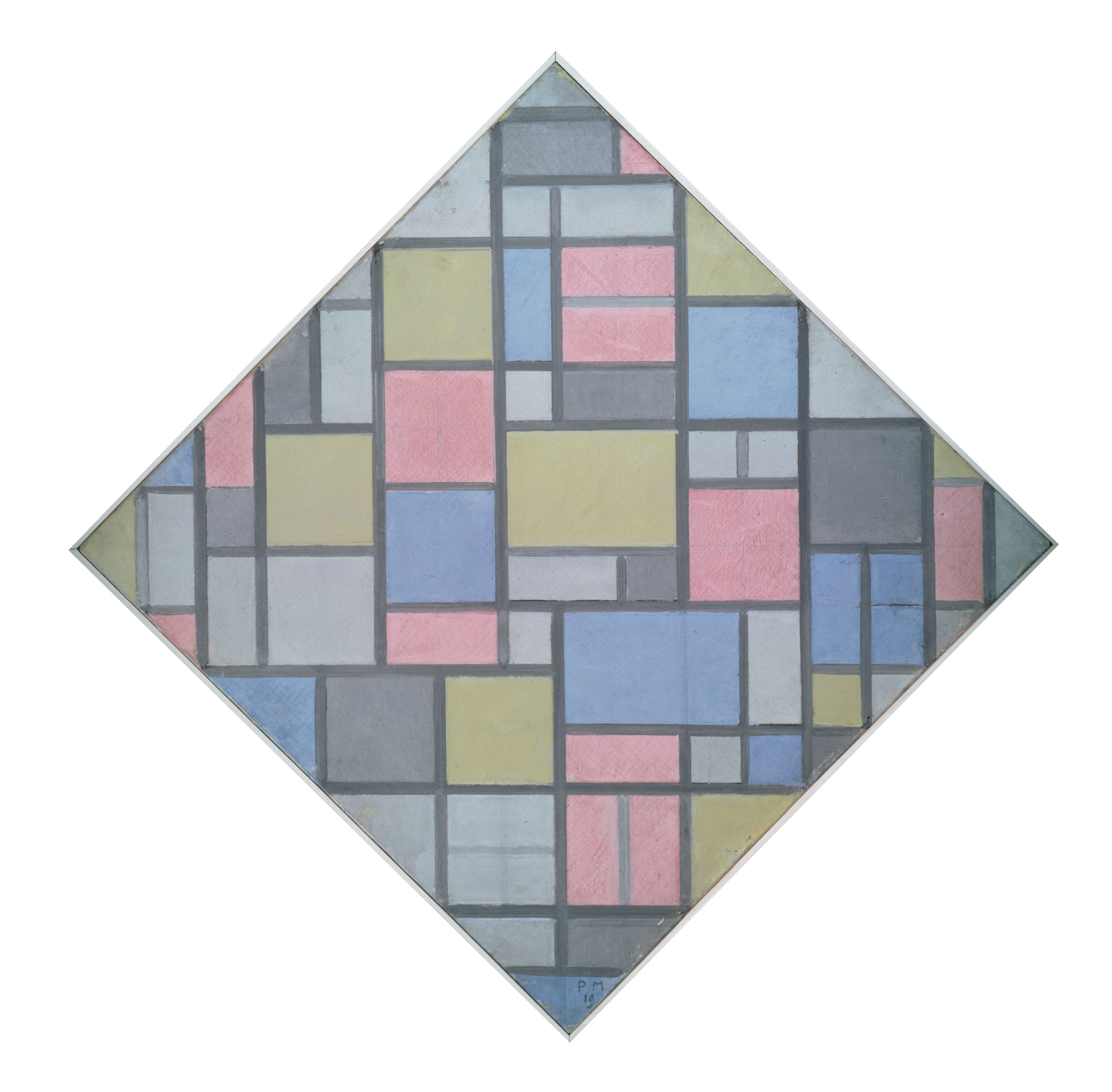 Piet Mondriaan, _Compositie met raster 6 ruit, compositie met kleuren_, 1919 Abstract schilderij met een patroon van rechthoeken en vierkanten in pastelkleuren blauw, roze, geel en grijs, gescheiden door dikke zwarte lijnen. Compositie is diagonaal geplaatst, wat dynamiek toevoegt aan geometrische structuur zonder duidelijke focuspunt.