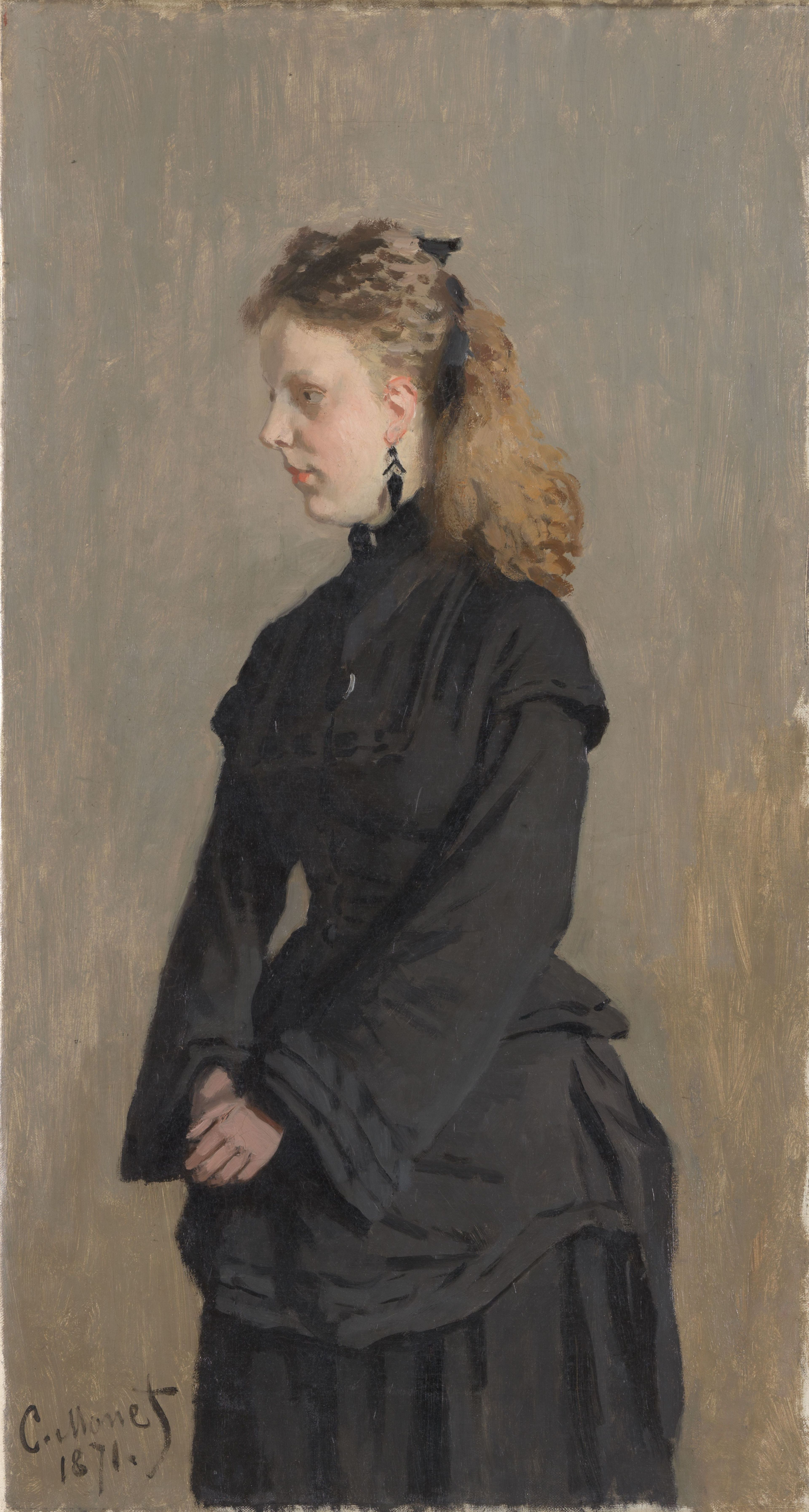 laude Monet, Portret van mej. Guurtje van de Stadt / Portrait of miss Guurtje van de Stadt, 1871 Portretschilderij van een vrouw in een zwarte jurk met opgestoken donkerblond haar. Gedetailleerde textuur van kleding en een neutrale achtergrond met focus op de vrouw.