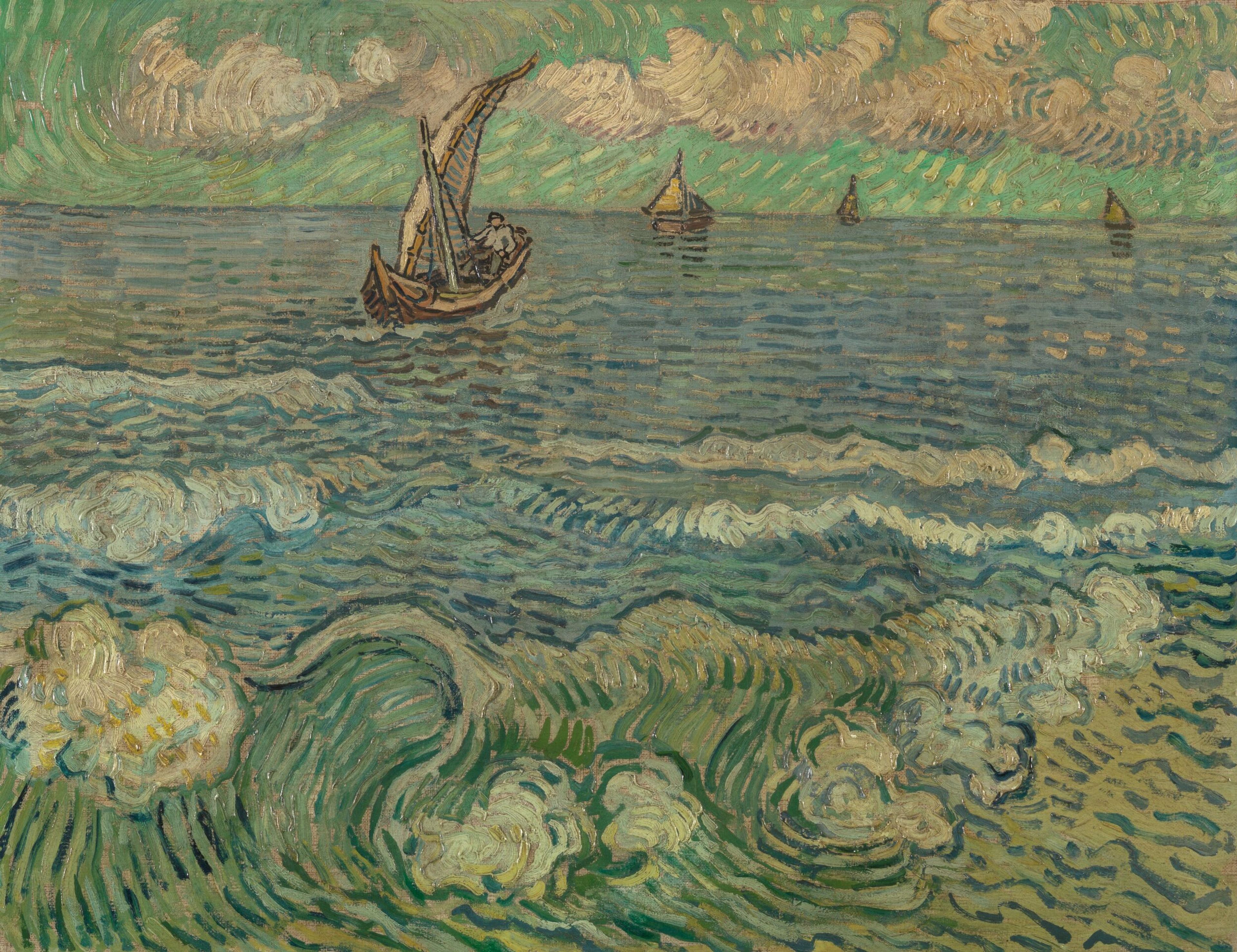 Vervalst schilderij van Leonhard Wacker, zeegezicht met boten op de golven 