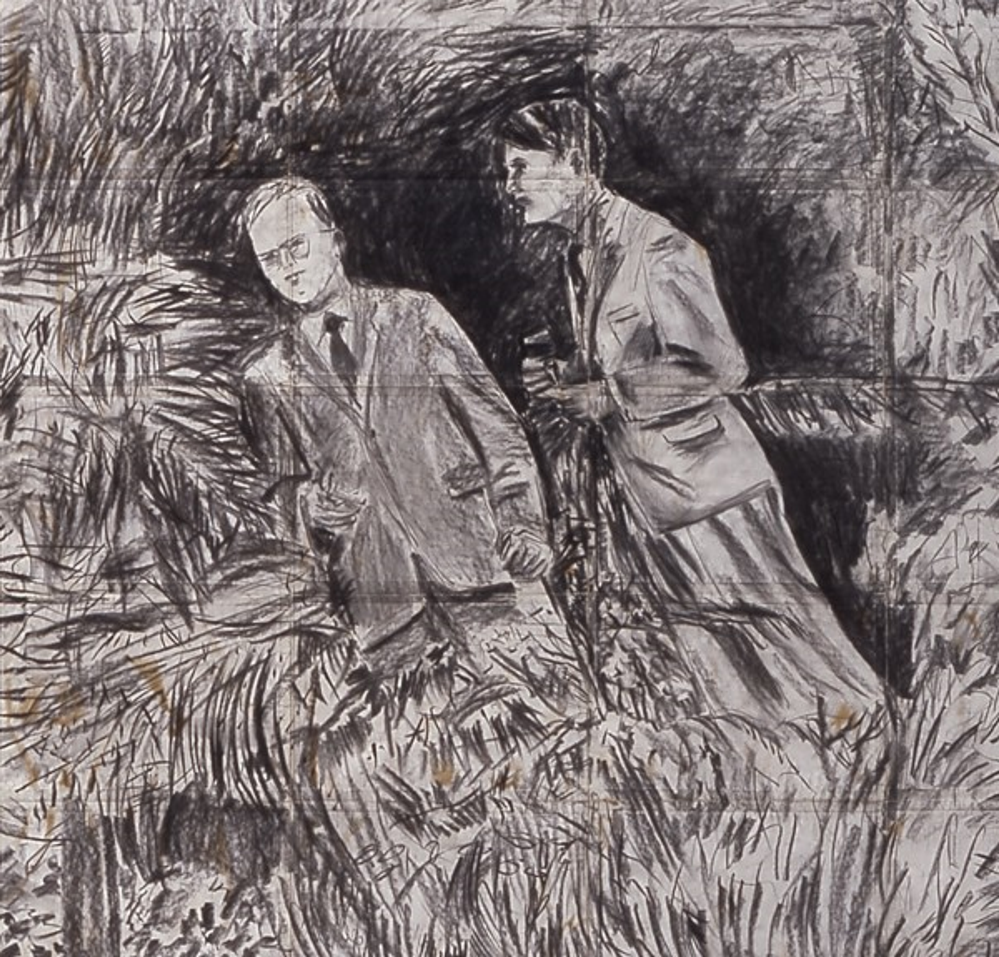 Charcoal drawing of two formally dressed men against a background of leaves, one of the men is holding a glass.