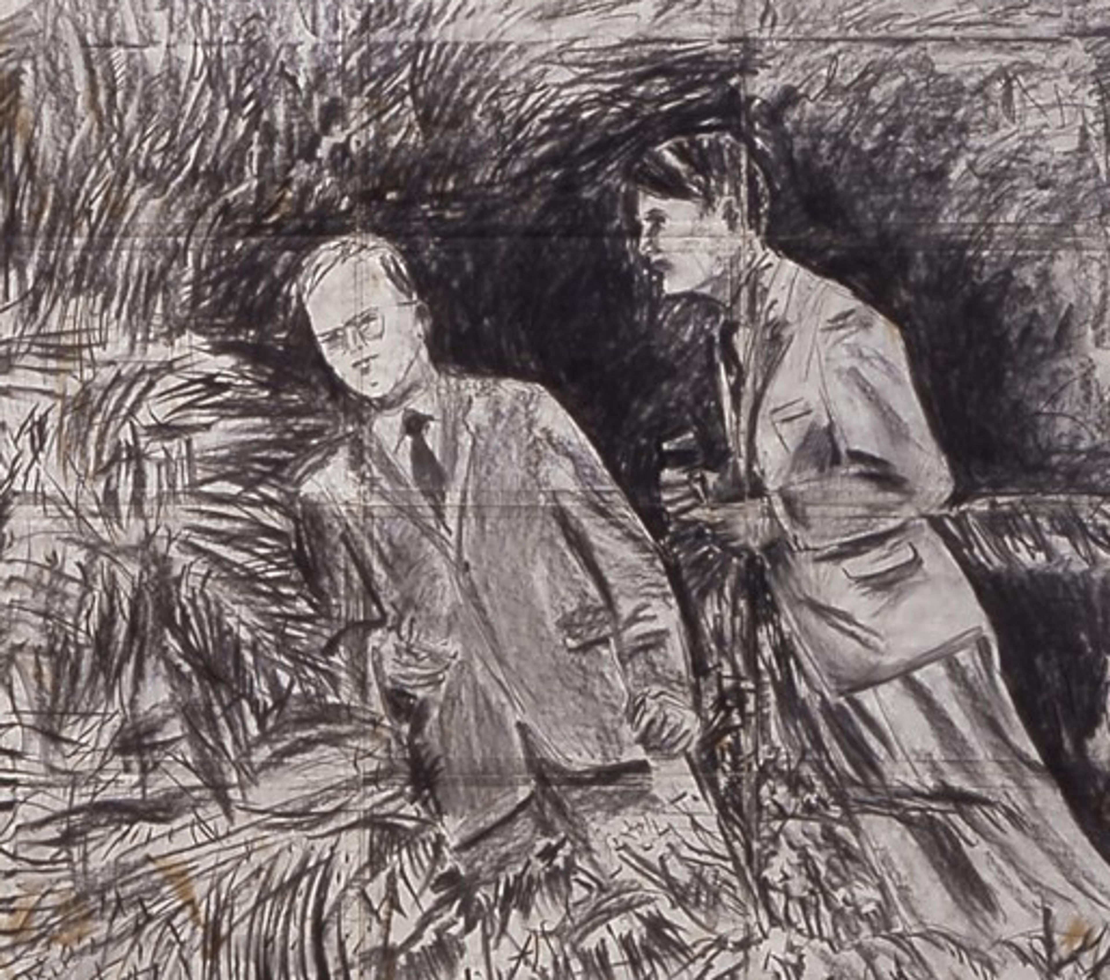 Gilbert & George, _Drifters, A Seven-Part Charcoal on Paper Sculpture_, 1972 Tekening in houtskool van twee net geklede mannen tegen een achtergrond van bladeren, een van de mannen heeft een glas in de hand.