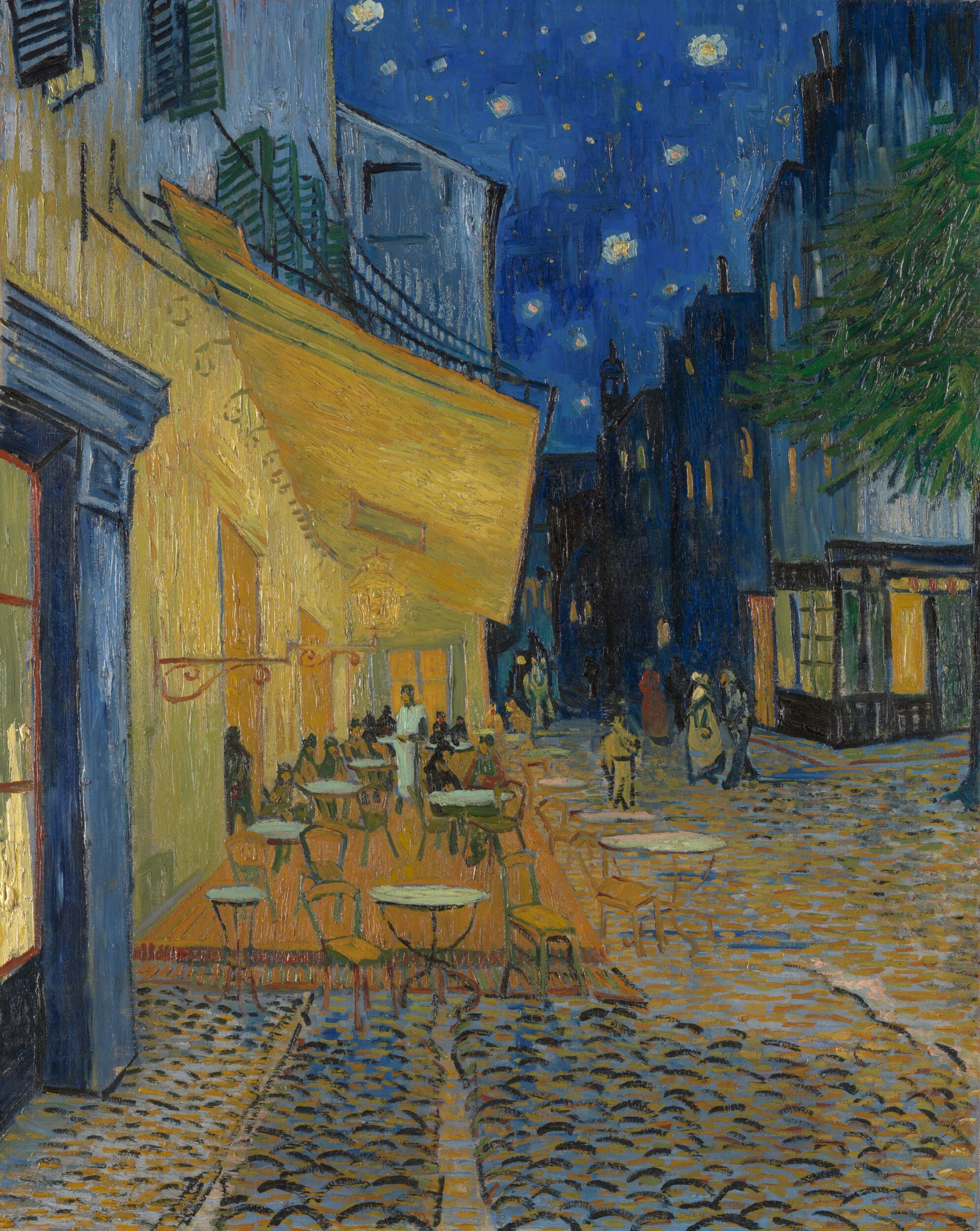 Vincent van Gogh, _Caféterras bij nacht (Place du Forum)_, circa 16 september 1888 Schilderij van een terras bij nacht met sterrenhemel, tafels en stoelen in warme gele tinten aan linkerkant en donkere gebouwen aan rechterkant.