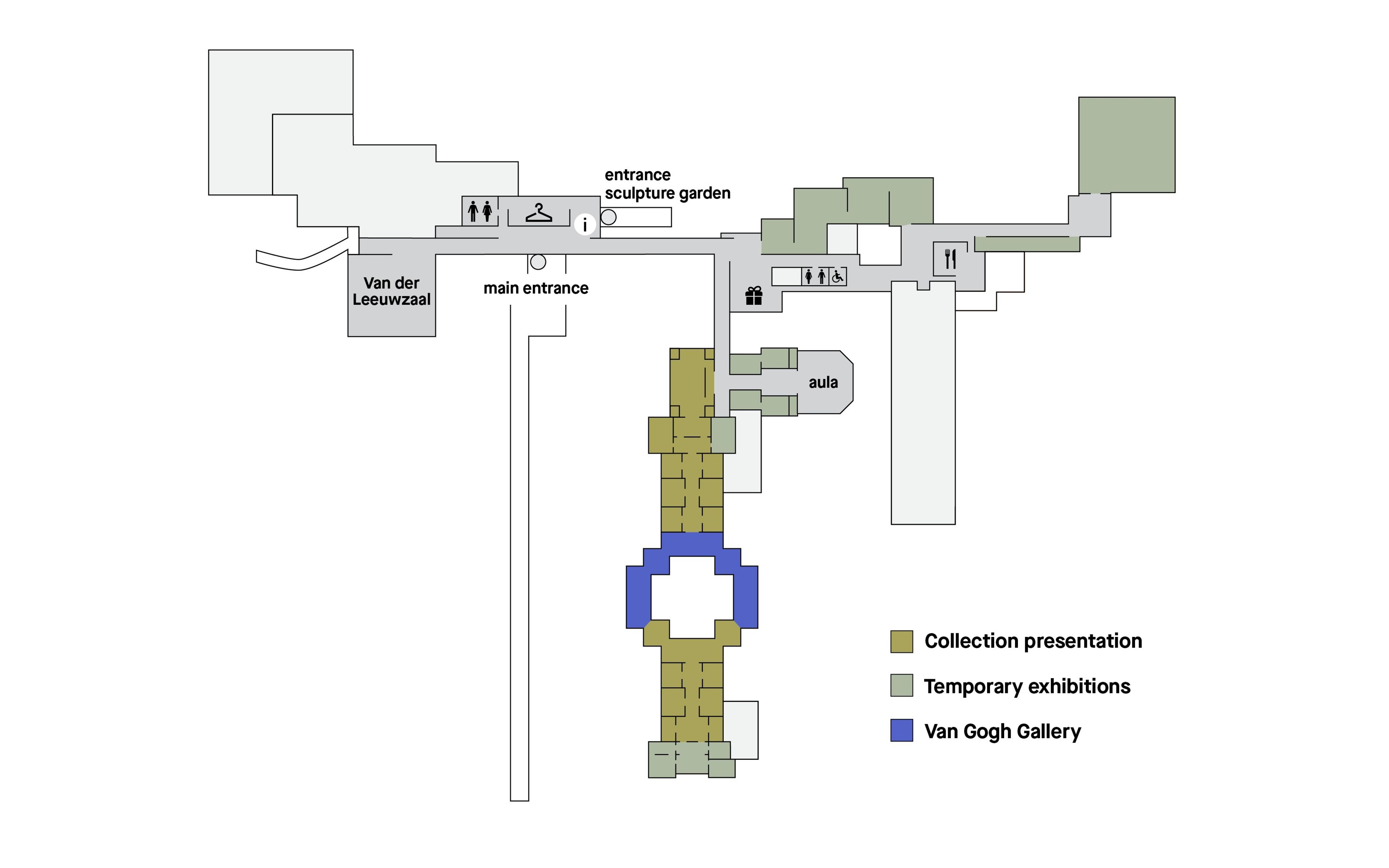 Map of the museum with colour coding for collection presentation (olive green), temporary exhibitions (light green) and Van Gogh Gallery (purple)