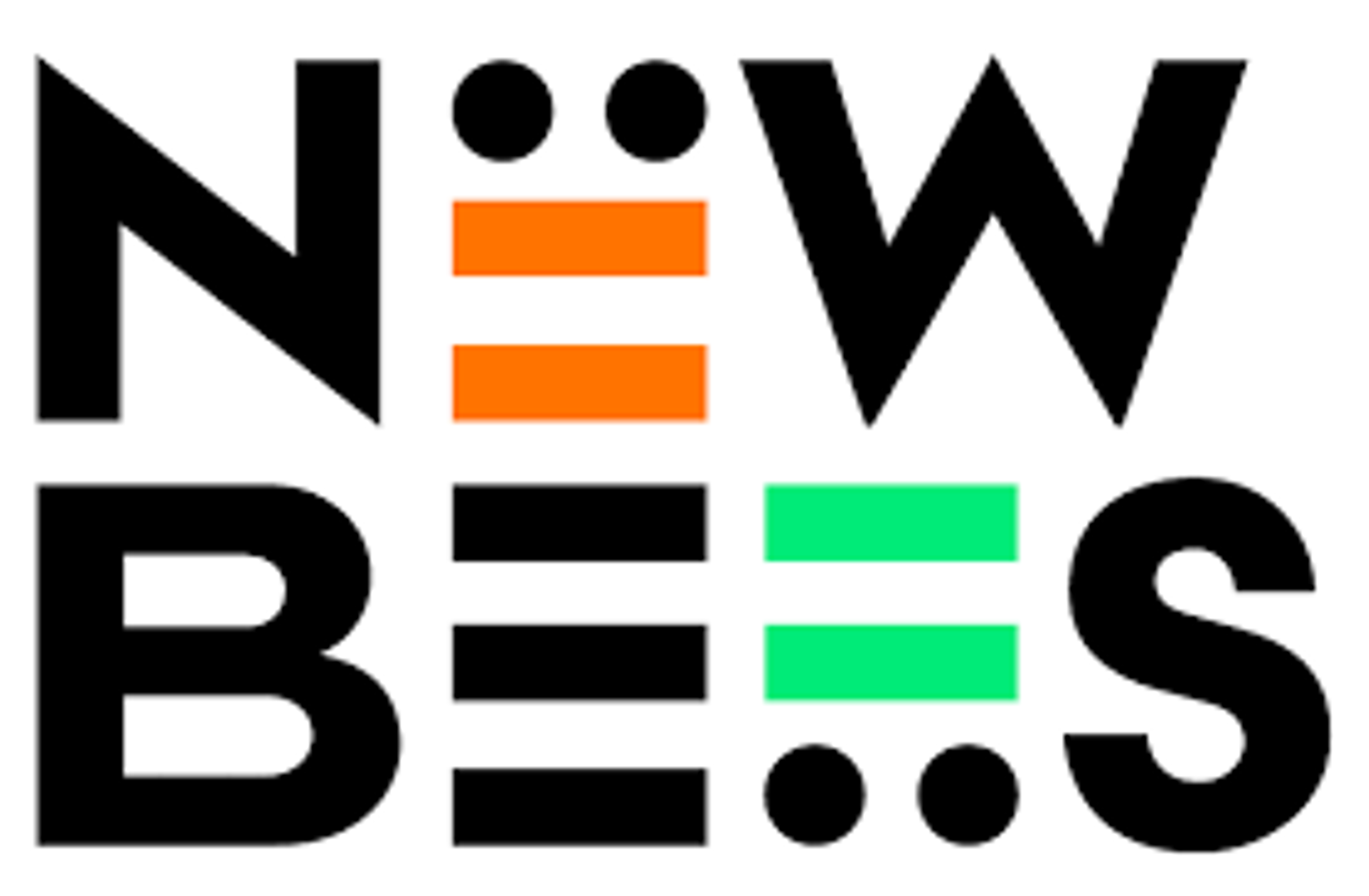 Logo on a white background with the word “NEW” in black capital letters, with “BEES” underneath, where each “E” is stylized: one “E” is formed by two dots with two lines underneath in orange, and the other is in green.