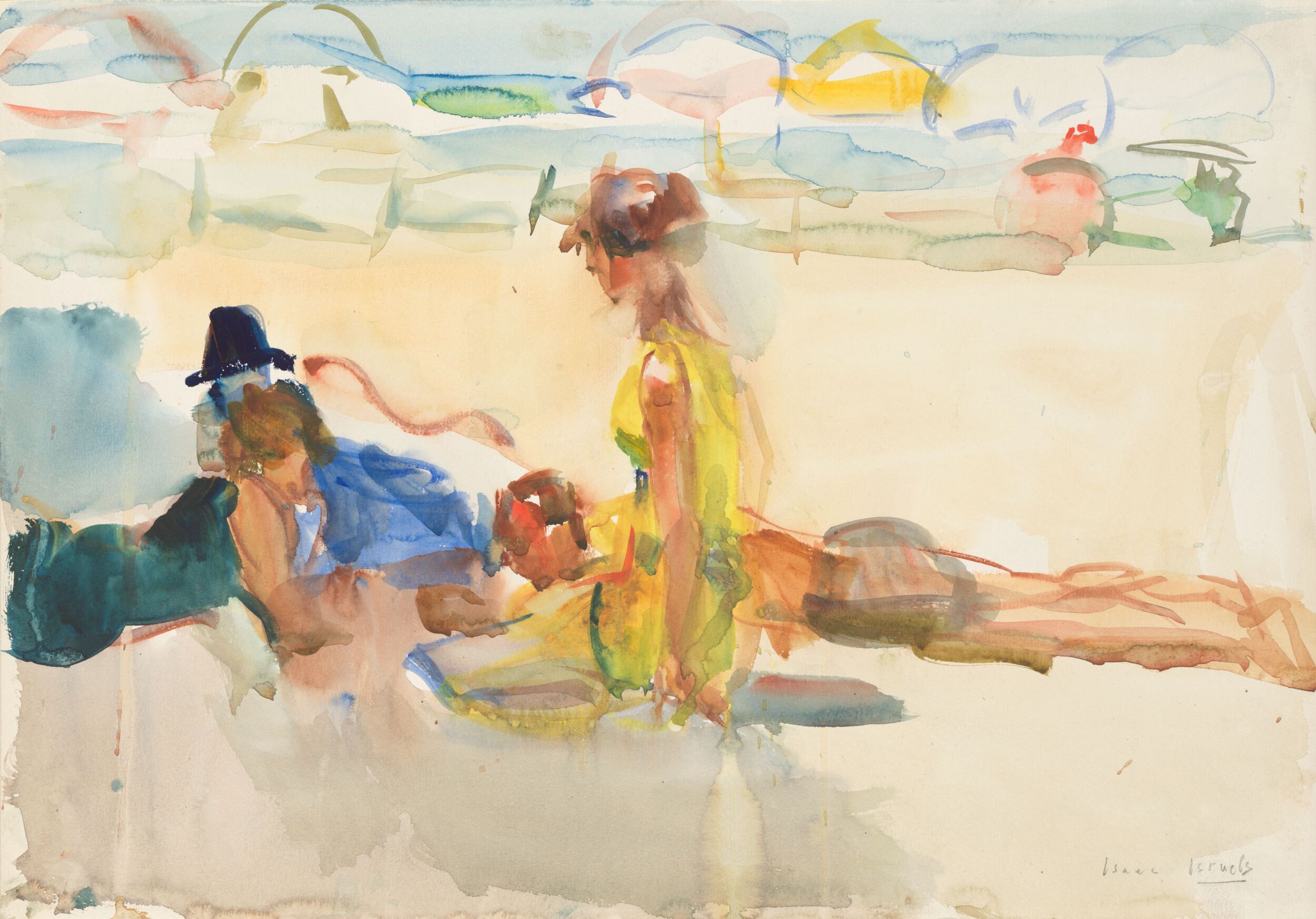 Isaac Israels, _Figuren op een zonnig strand in Italië_, circa 1926 aquarel in kleur van Isaac Israels met twee badende figuren op het strand met parasol