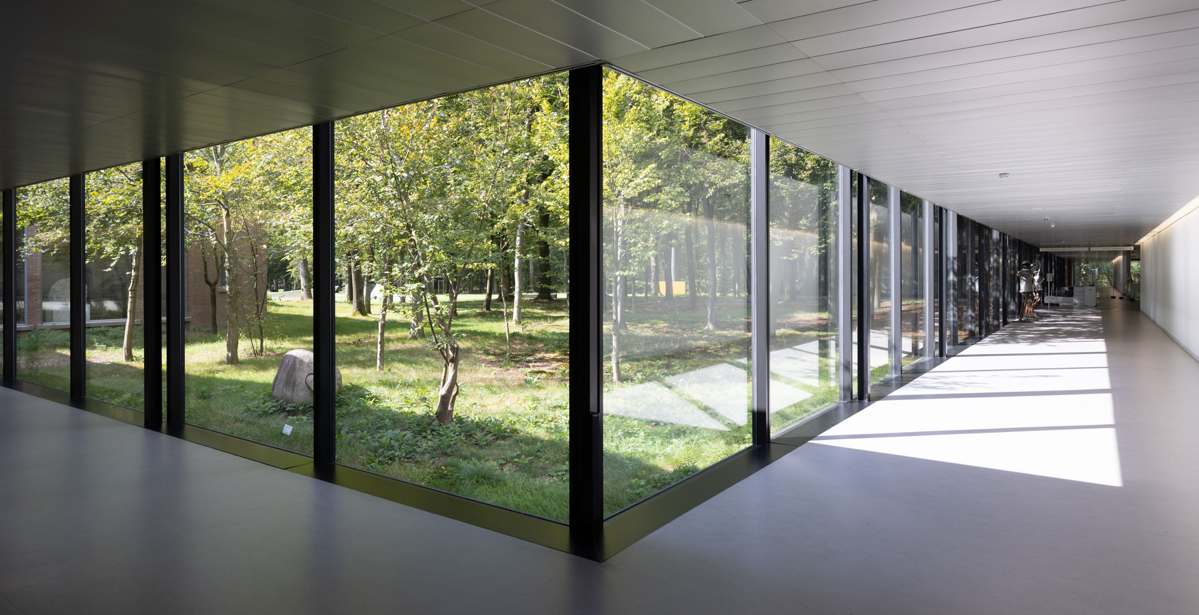 Gang met glazen wanden in het Kröller-Müller Museum Fotografie van een modern gebouw met grote glazen wanden die uitzicht bieden op een groene tuin met bomen en gras. Zonlicht valt door ramen en creëert reflecties en schaduwen op de vloer