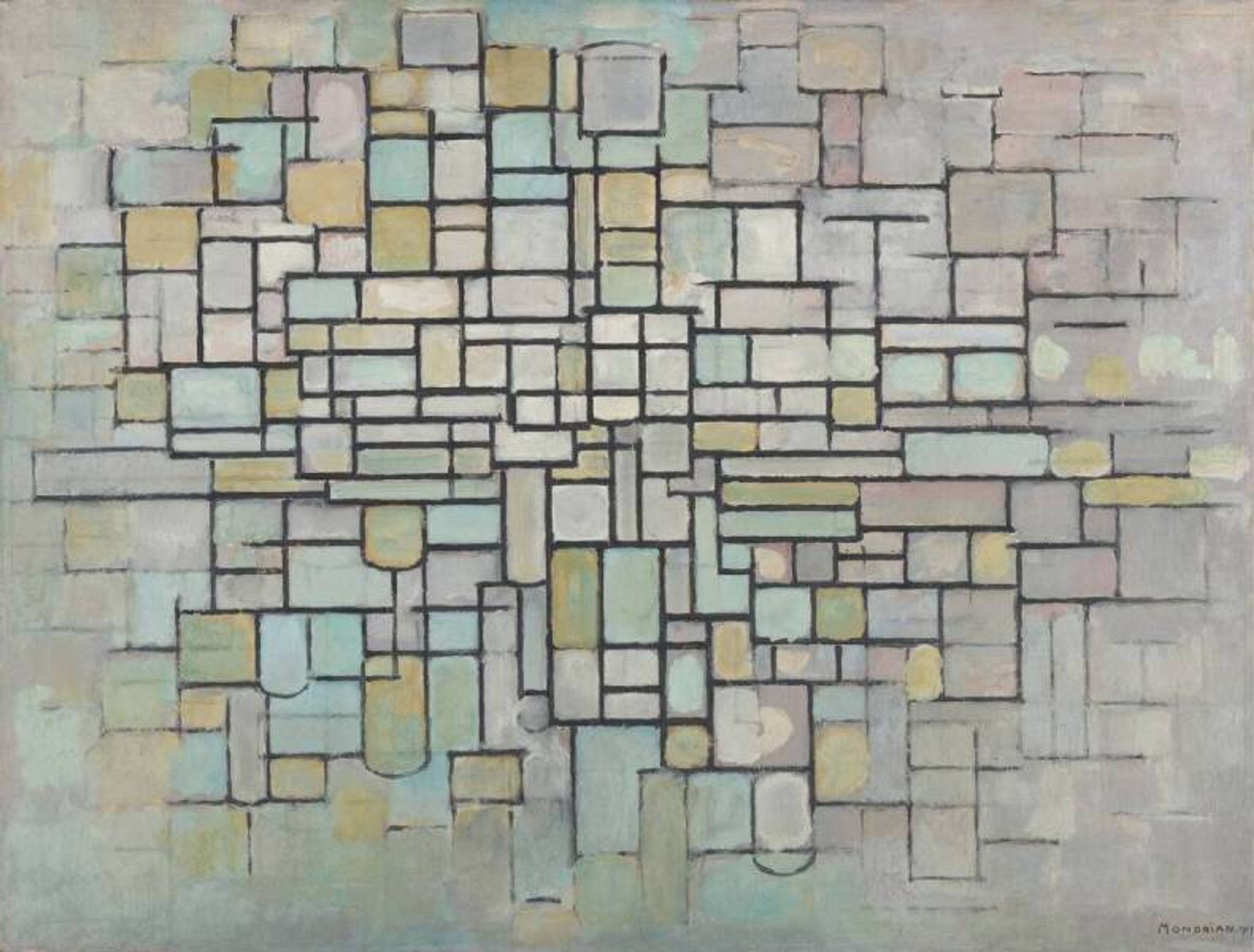 Piet Mondriaan, _Compositie no. II_, 1913 Abstract schilderij van Piet Mondriaan. Een raster van rechthoeken en vierkanten in zachte pastelkleuren zoals blauw, geel en groen, omlijnd met zwarte lijnen. Compositie toont een gestructureerd, geometrisch patroon met variërende vormen en maten.