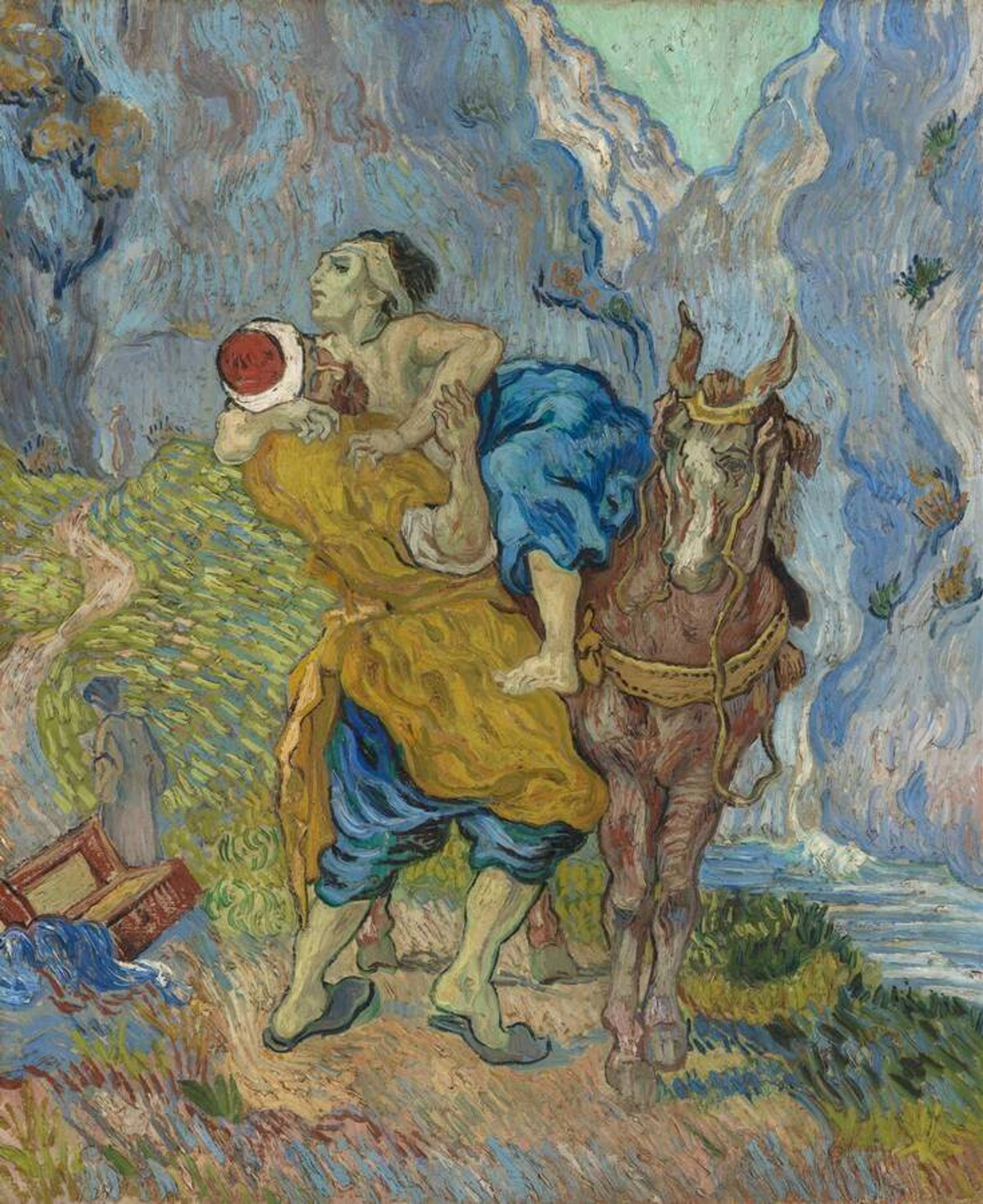 Schilderij van Vincent  van Gogh, een historische scène met een man die een andere man van paard aftilt.
