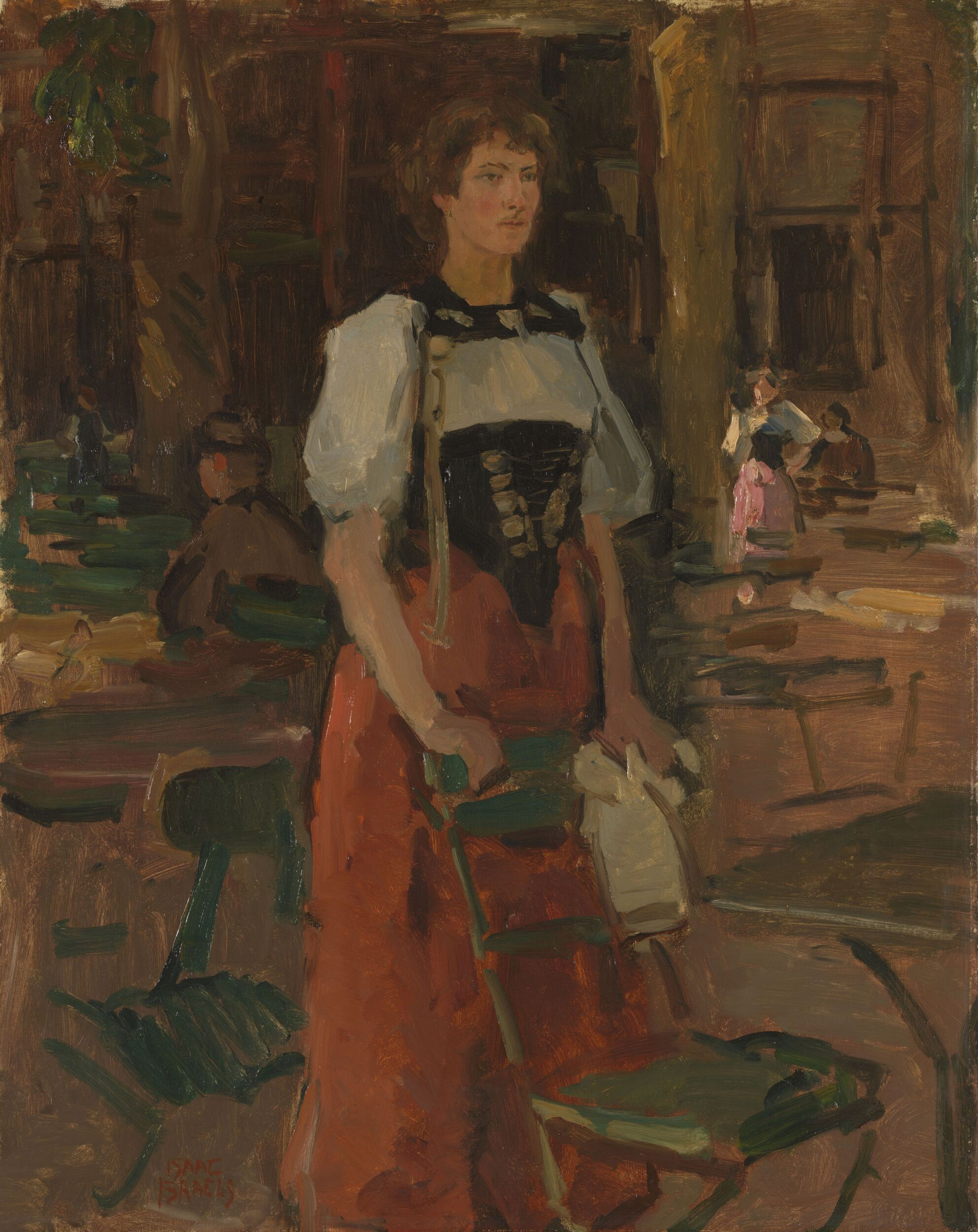 Isaac Israels, _Berner kellnerin_, 1915 Schilderij van een vrouw, een ober, die een stoel vasthoudt in een cafe