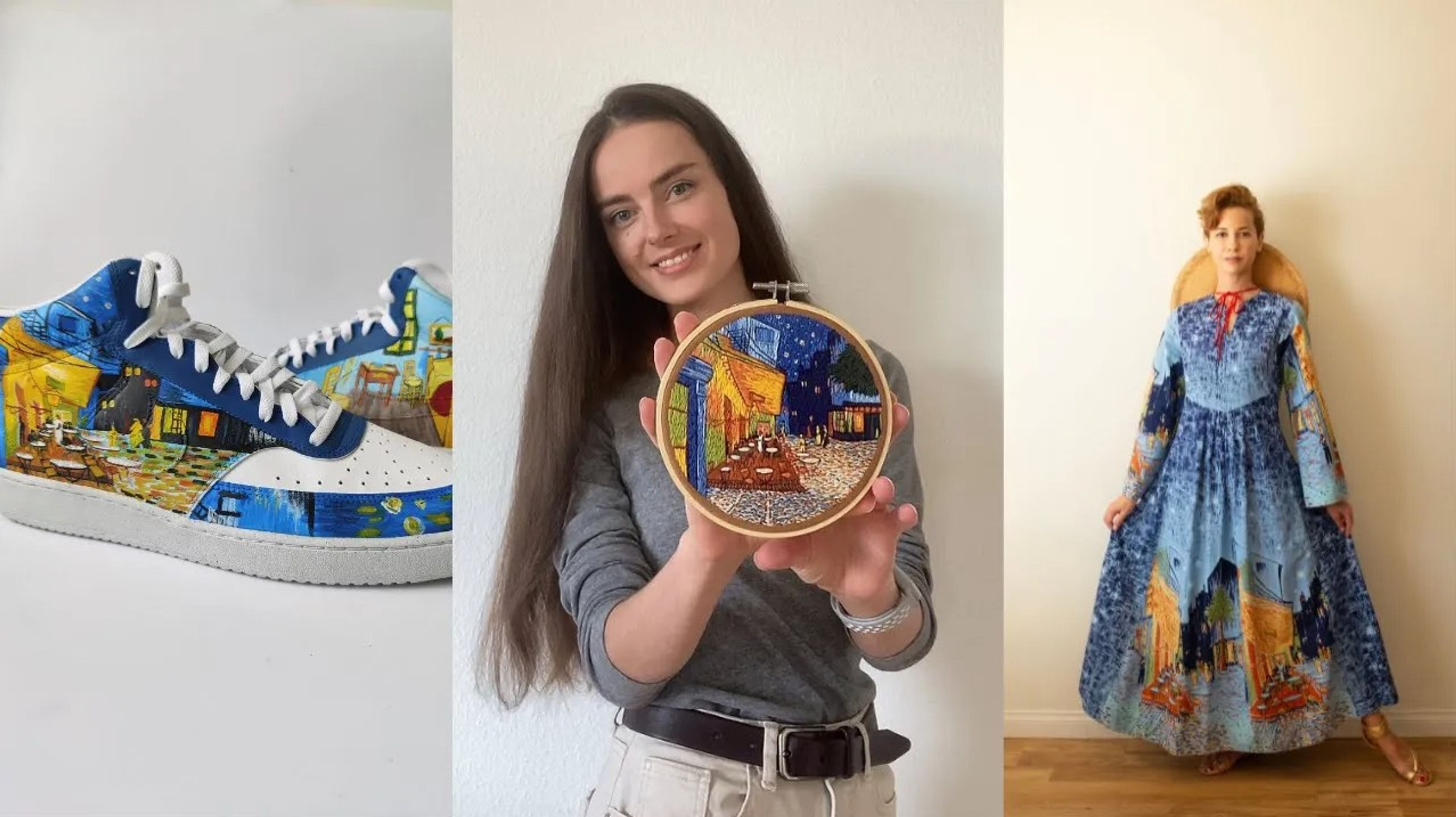 Van Goghs Cafeterras bij Nacht in verschillende versies: geschilderd op sneakers, als borduurwerk, als patroon op een jurk