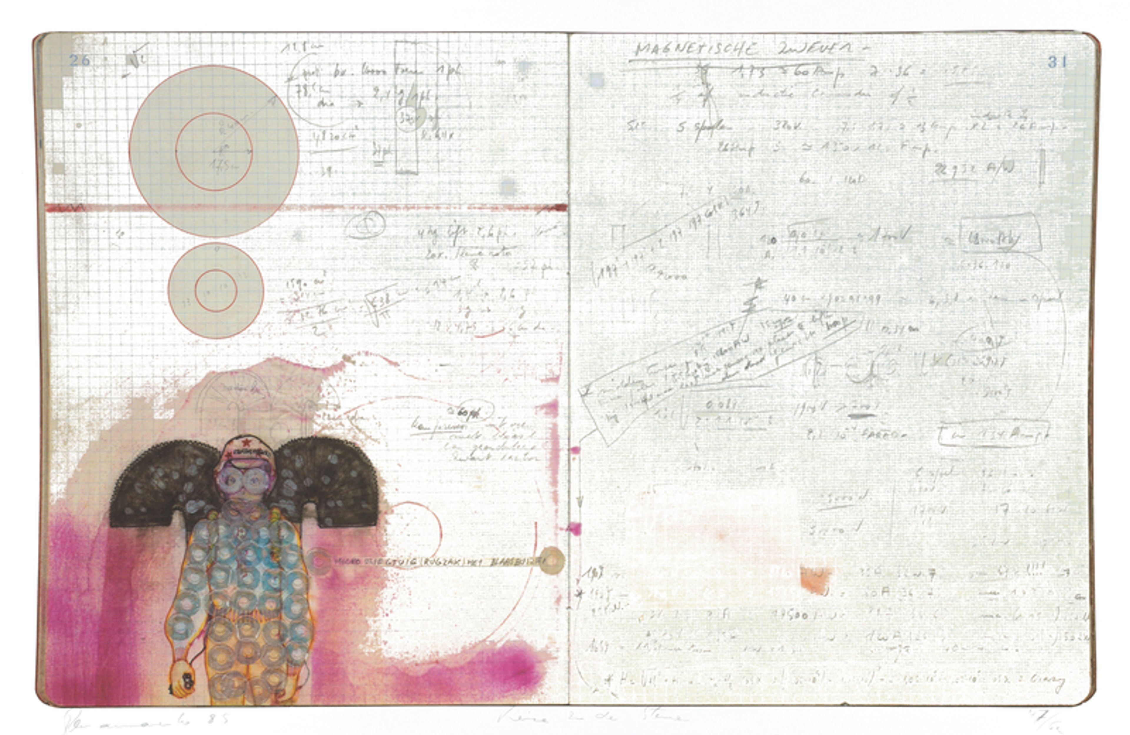 Panamarenko, _Reise in den Sternen_, 1985 tekening in kleur van een soort astronaut met technische berekeningen, van Panamarenko