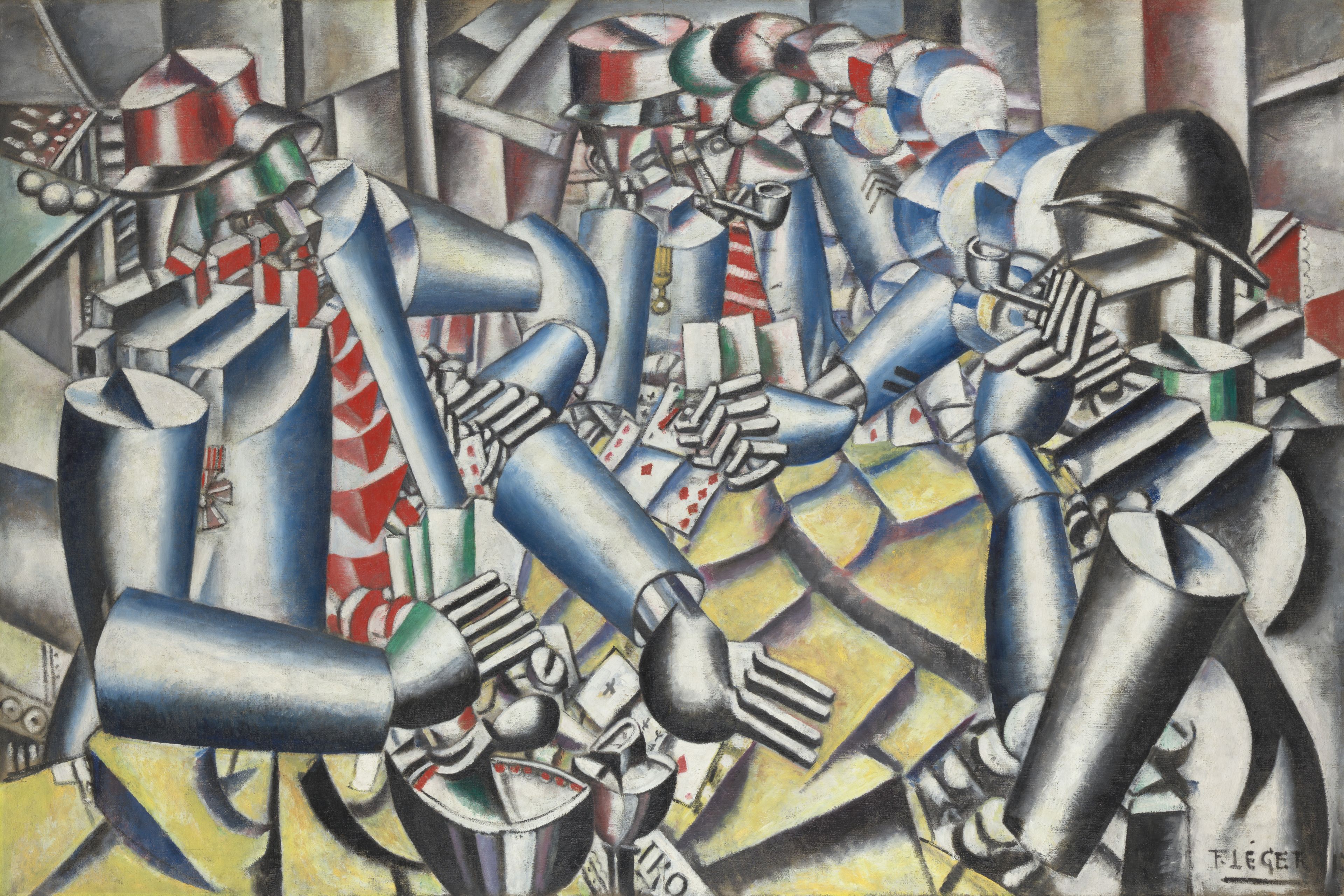 Fernand Léger, _La partie de cartes_, 1917 Schilderij in futuristische stijl met meerdere mechanisch ogende figuren in glanzende blauw-grijze en zilverkleurige tinten. De figuren staan dicht op elkaar in een industriële omgeving en lijken kaarten of documenten vast te houden. Scherpe lijnen, geometrische vormen en rood-witte accenten creëren een dynamische en drukke compositie.