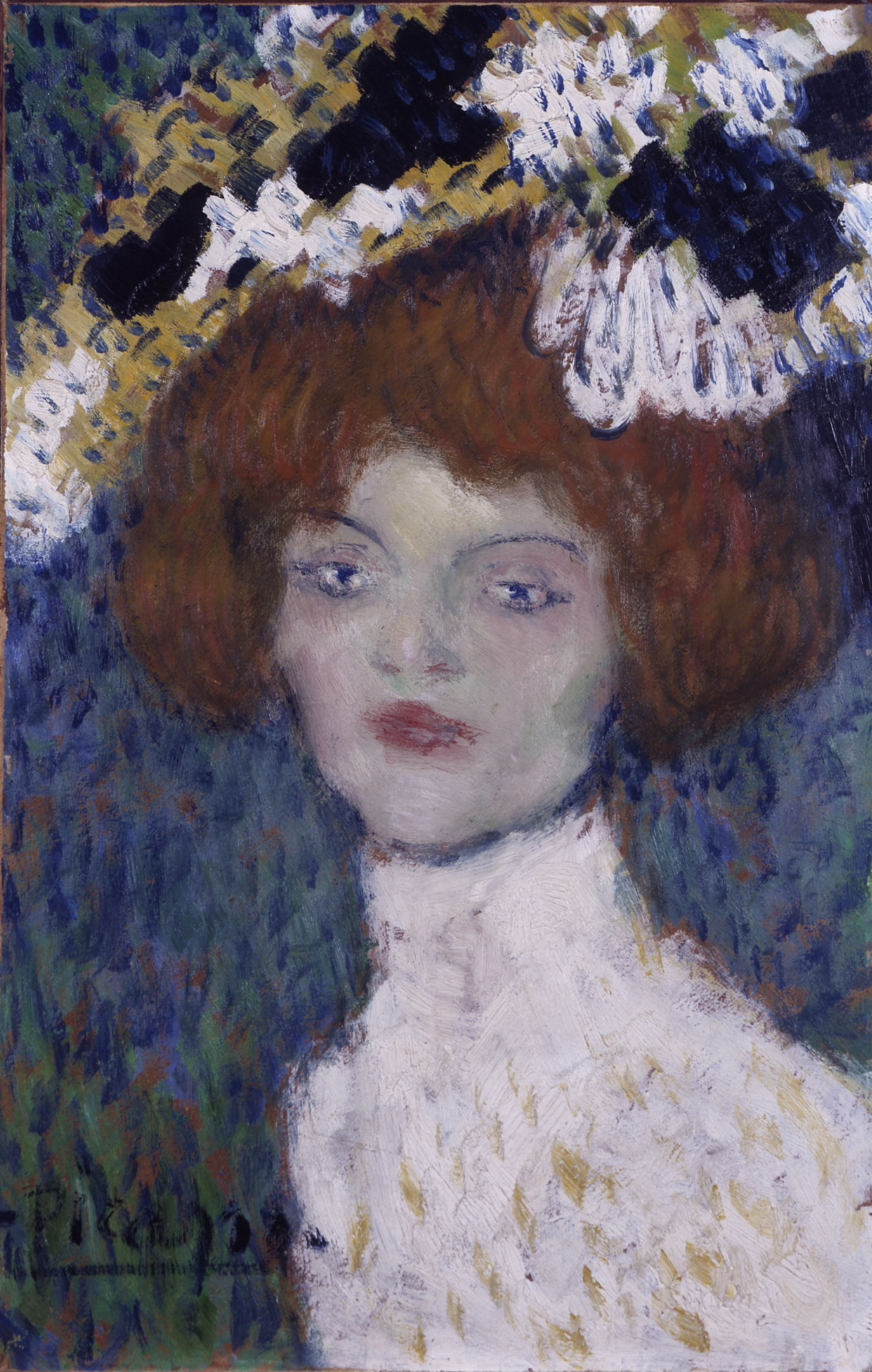 Pablo Picasso, _Portret van een jonge vrouw (De Madrileense)_, circa 1901 Schilderij van een vrouw met een grote hoed versierd met witte en zwarte bloemen, met zachte penseelstreken en een gedempte kleurenpalet van blauw, bruin en wit.