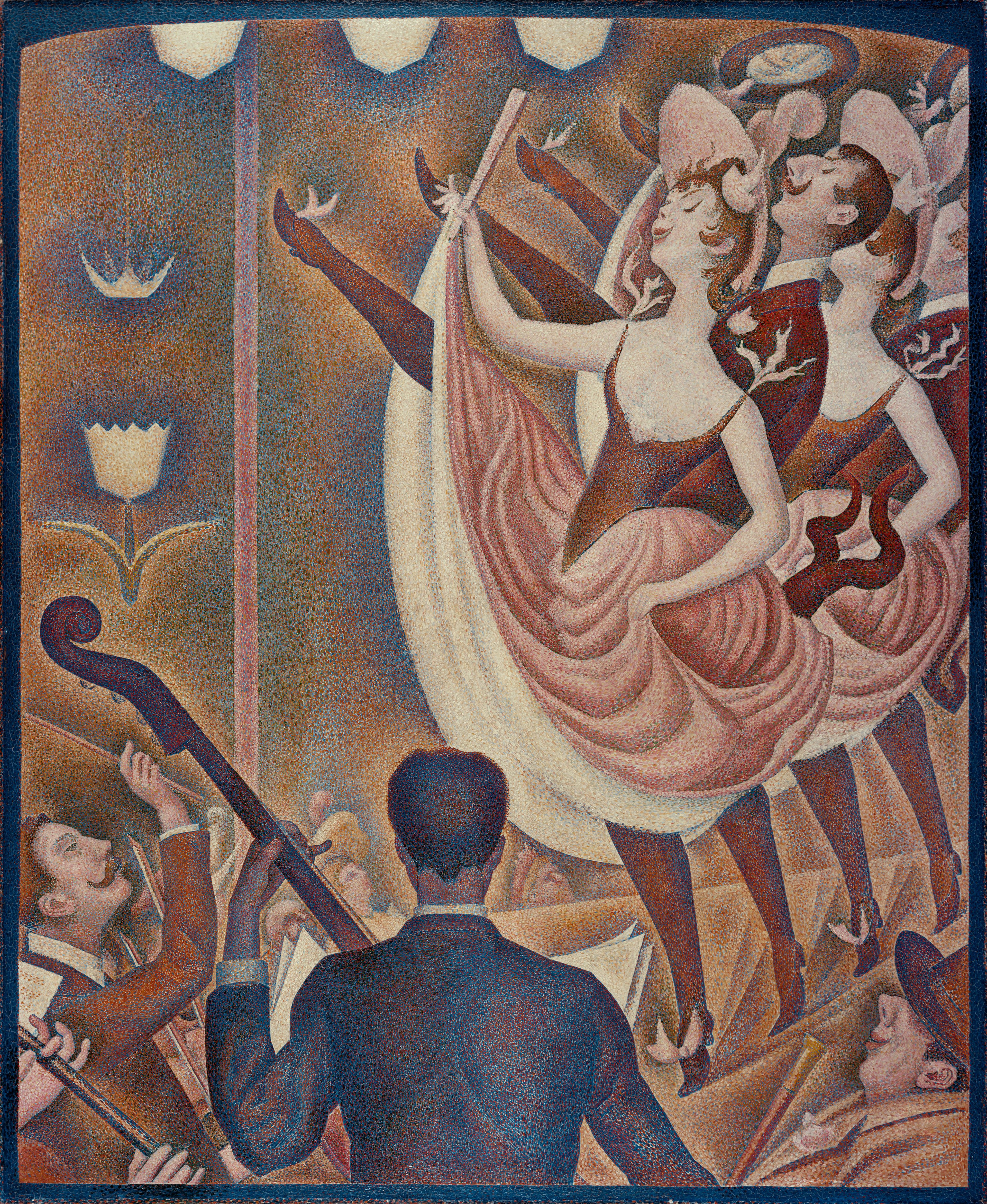 Georges Seurat, _Chahut_, 1889-1890 Schilderij van Georges Seurat: Chahut. Een podium met een orkest en dansers in cancan-poses, uitgevoerd in pointillistische stijl met gedempte kleuren. Focus ligt op een danseres in roze jurk met opgetilde rok, omringd door mededansers en muzikanten, wat een levendige, feestelijke sfeer creëert.