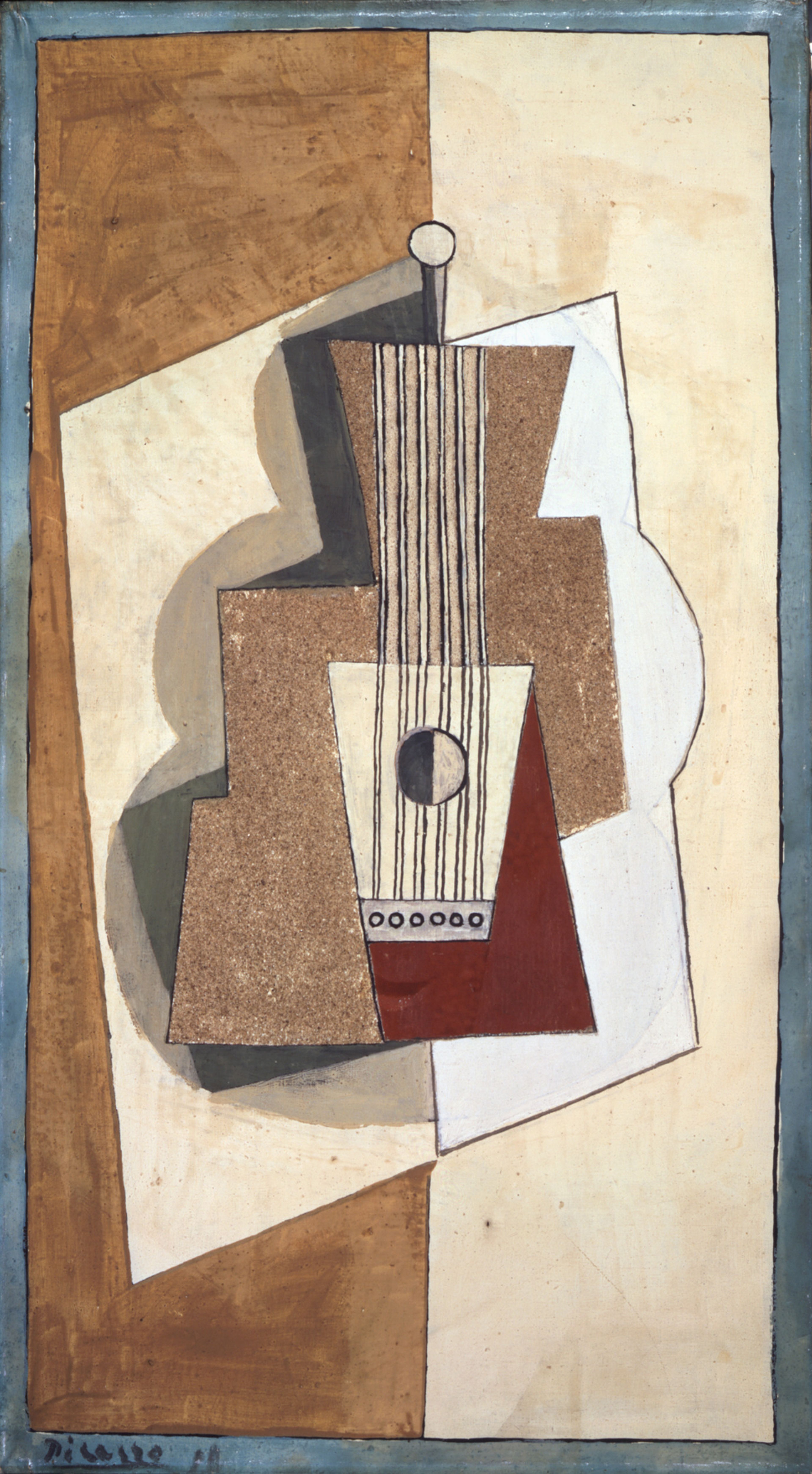 Pablo Picasso, _Guitare_, 1919 Schilderij van een kubistisch vormgegeven gitaar in bruintinten