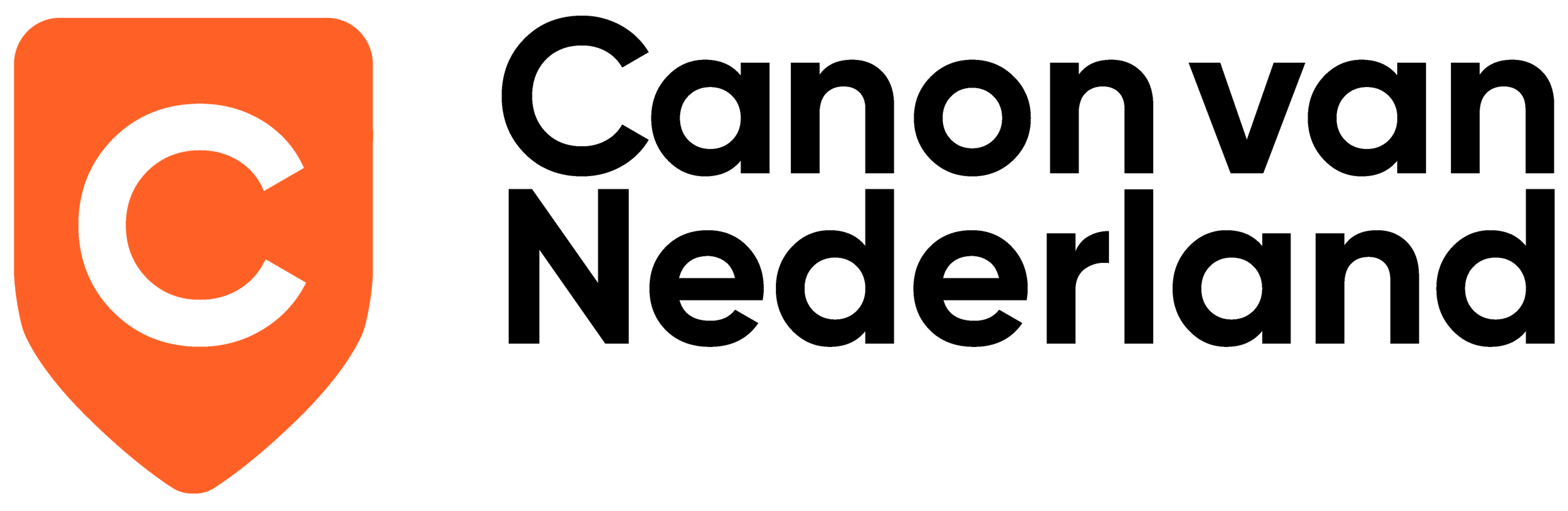 Logo on a white background with, on the left, an orange shape pointing downward (a kind of shield) containing a capital “C”, and next to it the text “Canon van” in black, with “Nederland” underneath.