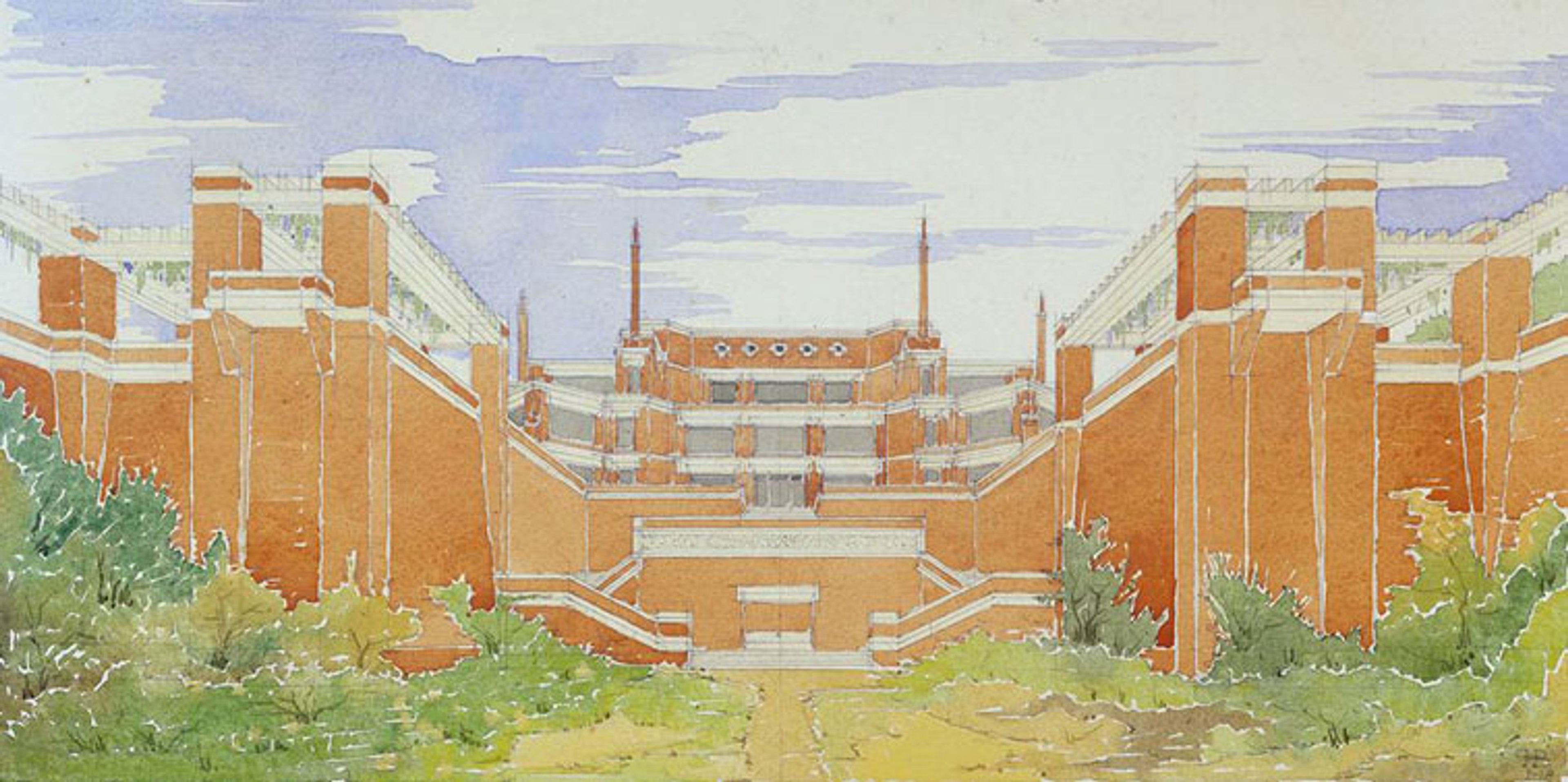 Aquarel van het museumontwerp van Berlage. Een groot bakstenen gebouw met symmetrische architectuur en verdiepingen, tussen groene struiken en bomen. Het statige gebouw heeft hoge schoorstenen, brede trappen en een open binnenplaats. 