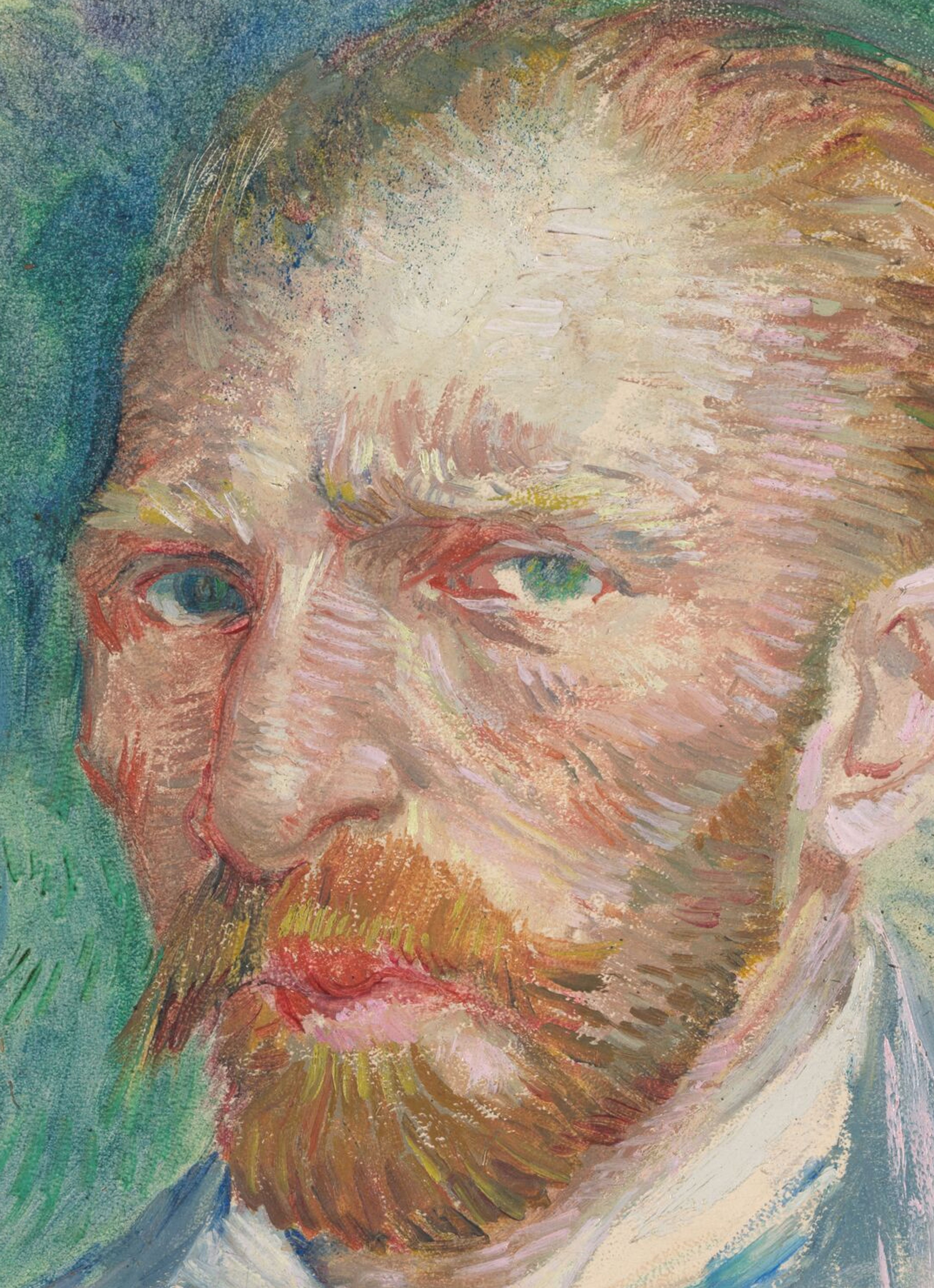 Vincent van Gogh, _Zelfportret_, april-juni 1887 Zelfportret van Vincent van Gogh met roodbruine baard, blauwgroene ogen en een lichtblauwe jas, geschilderd met expressieve penseelstreken in blauw-, groen- en roze tinten