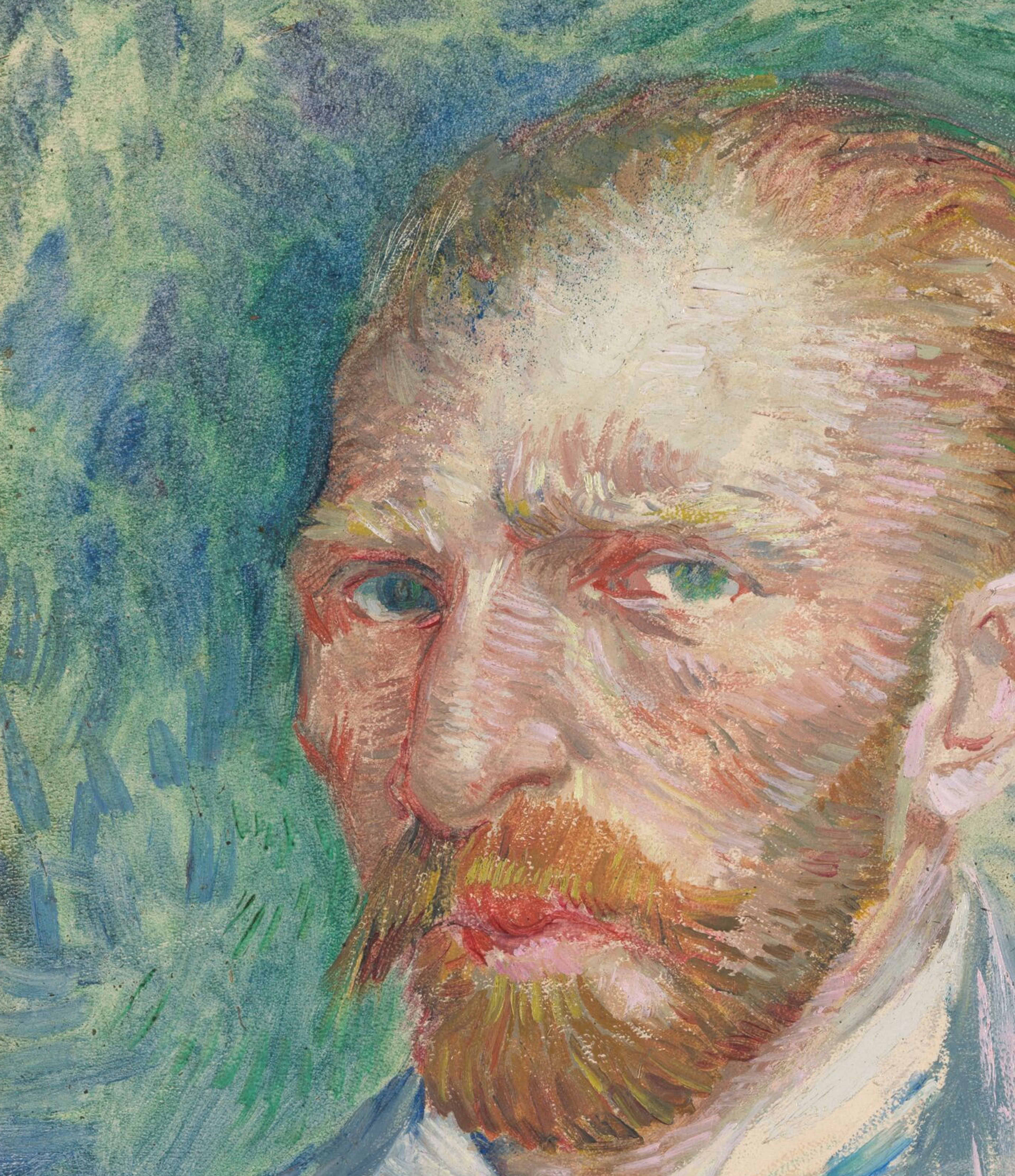 Vincent van Gogh, _Self-Portrait_, April-June 1887 Self-portrait of Vincent van Gogh with a reddish-brown beard, blue-green eyes, and a light blue jacket, painted with expressive brushstrokes in shades of blue, green, and pink