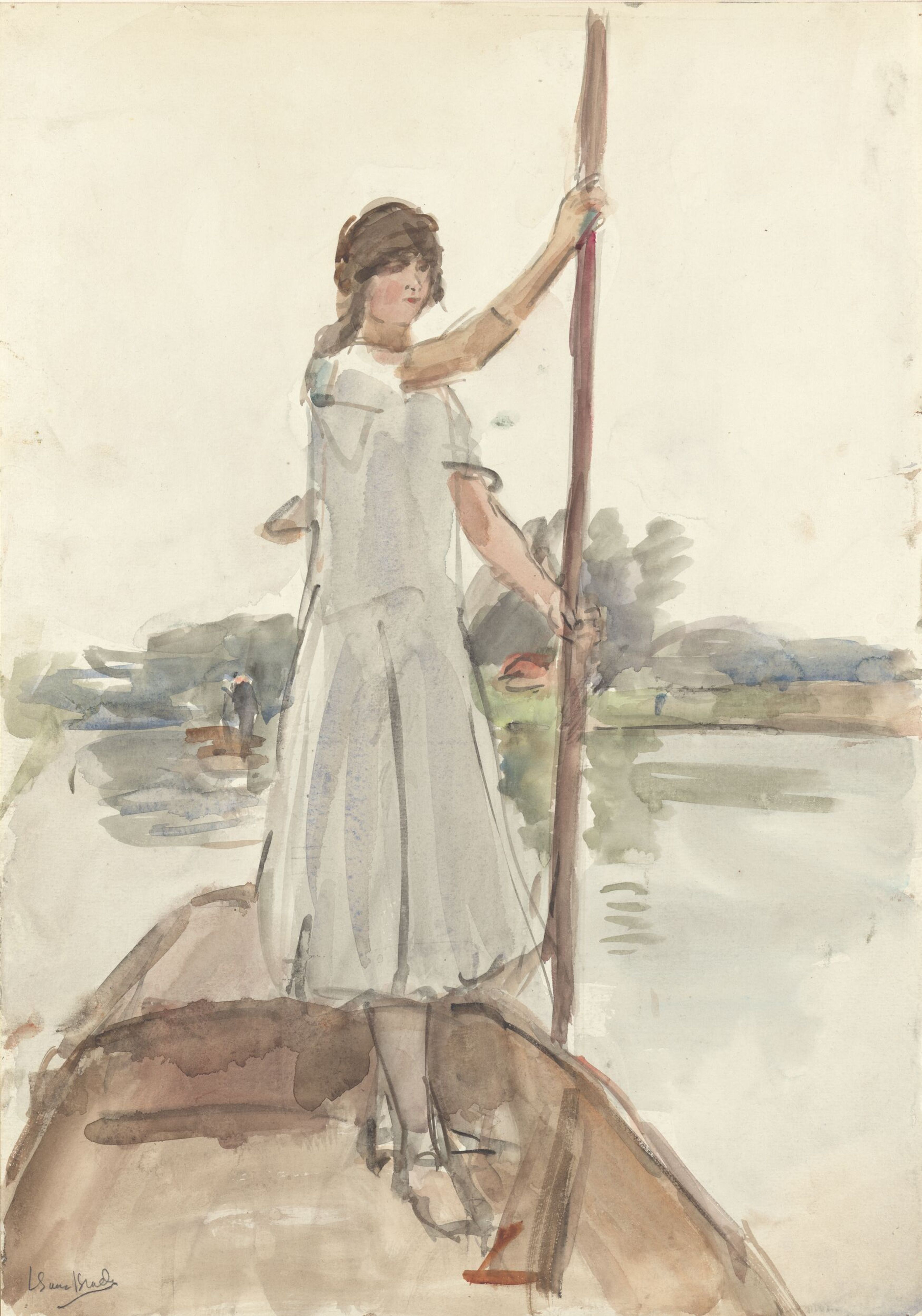 Isaac Israels, _Jonge vrouw staande in een boot op de Thames_, Richmond, ca. 1914 Schilderij in lichte, grijze en bruine kleuren. Vrouw staat in een boot en houd een stok vast.