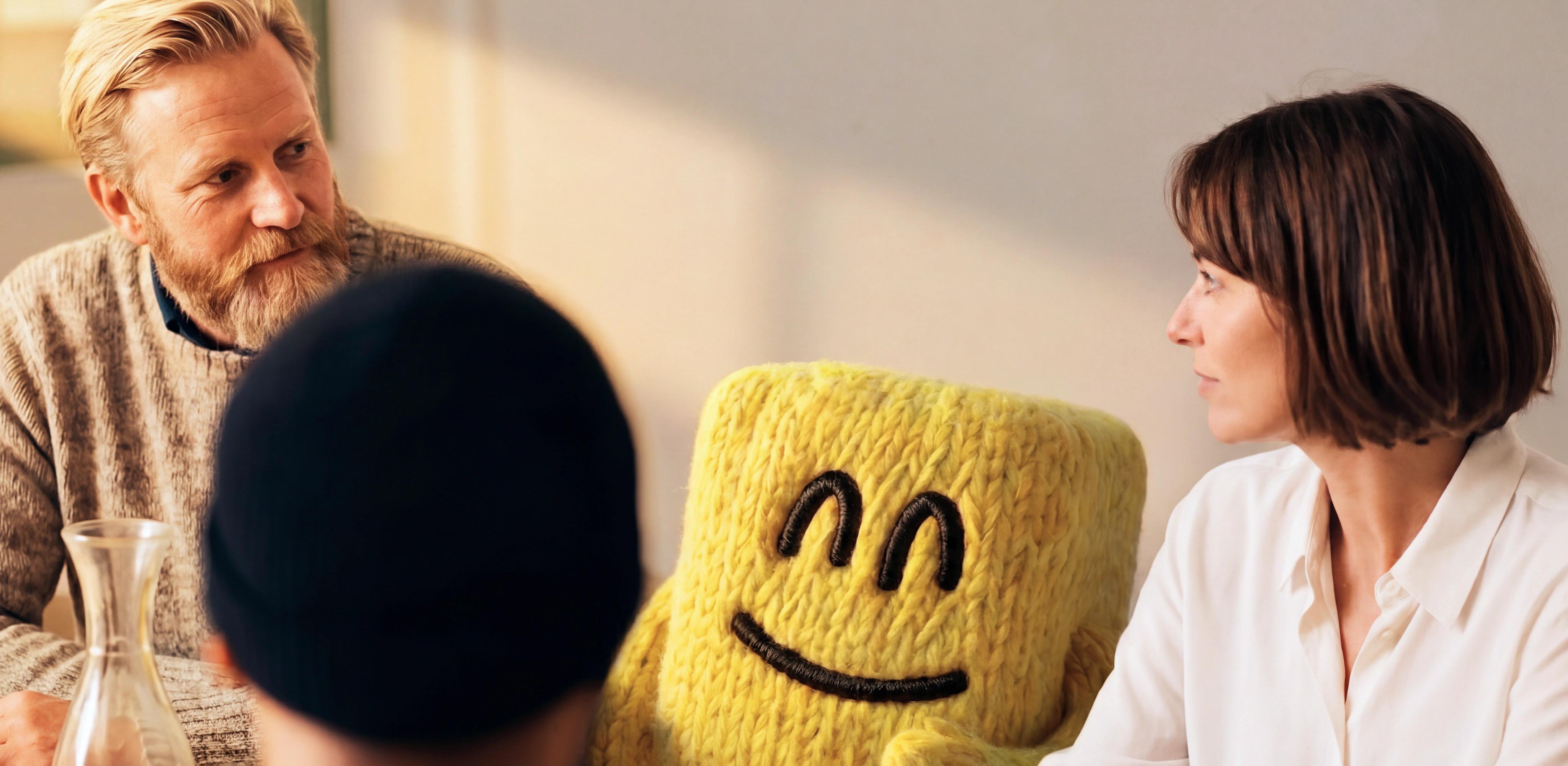 Two people meeting with Garba, the knitted yellow mascot, on the table