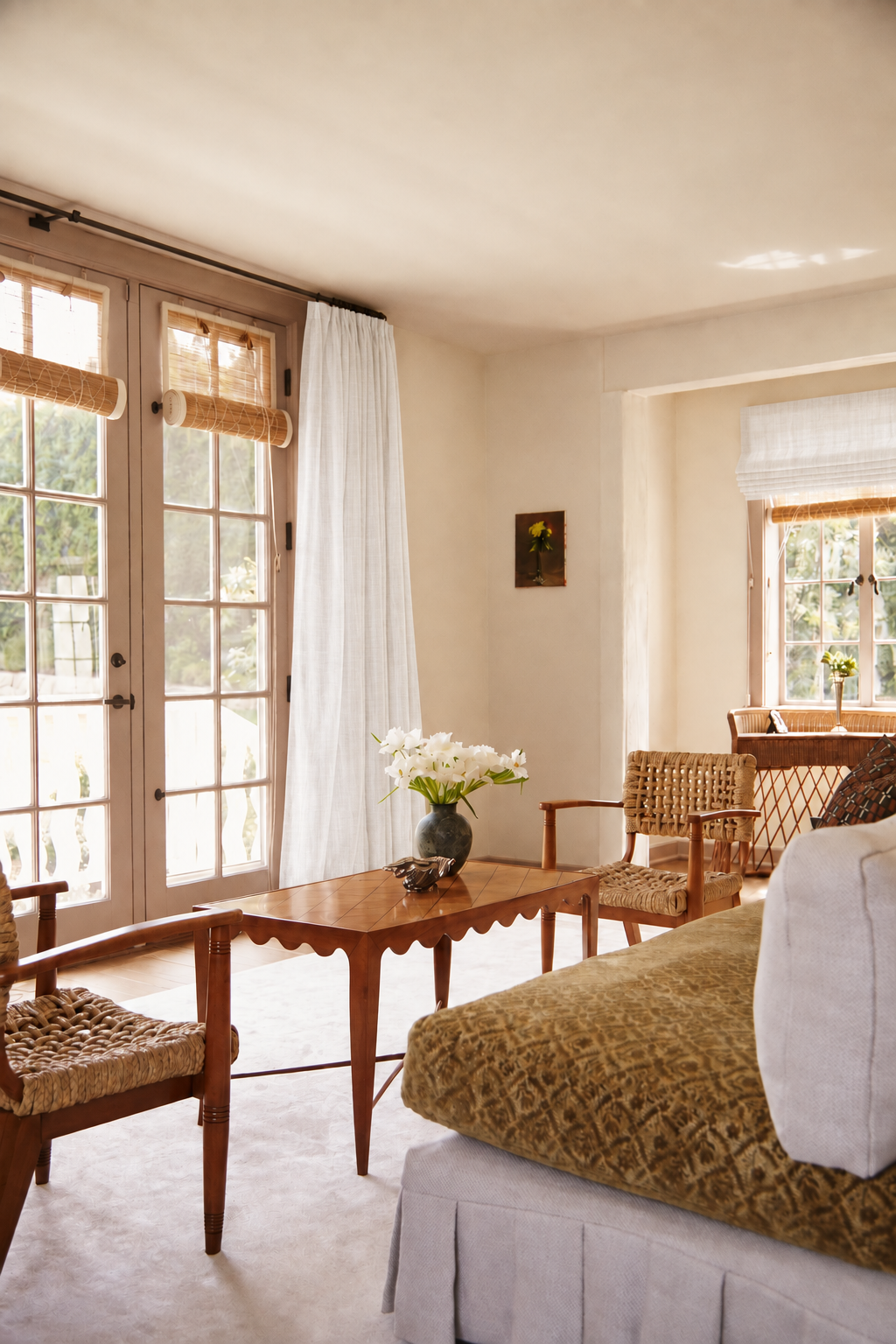 White sheer linen curtains in an interior designed by Mike Moser