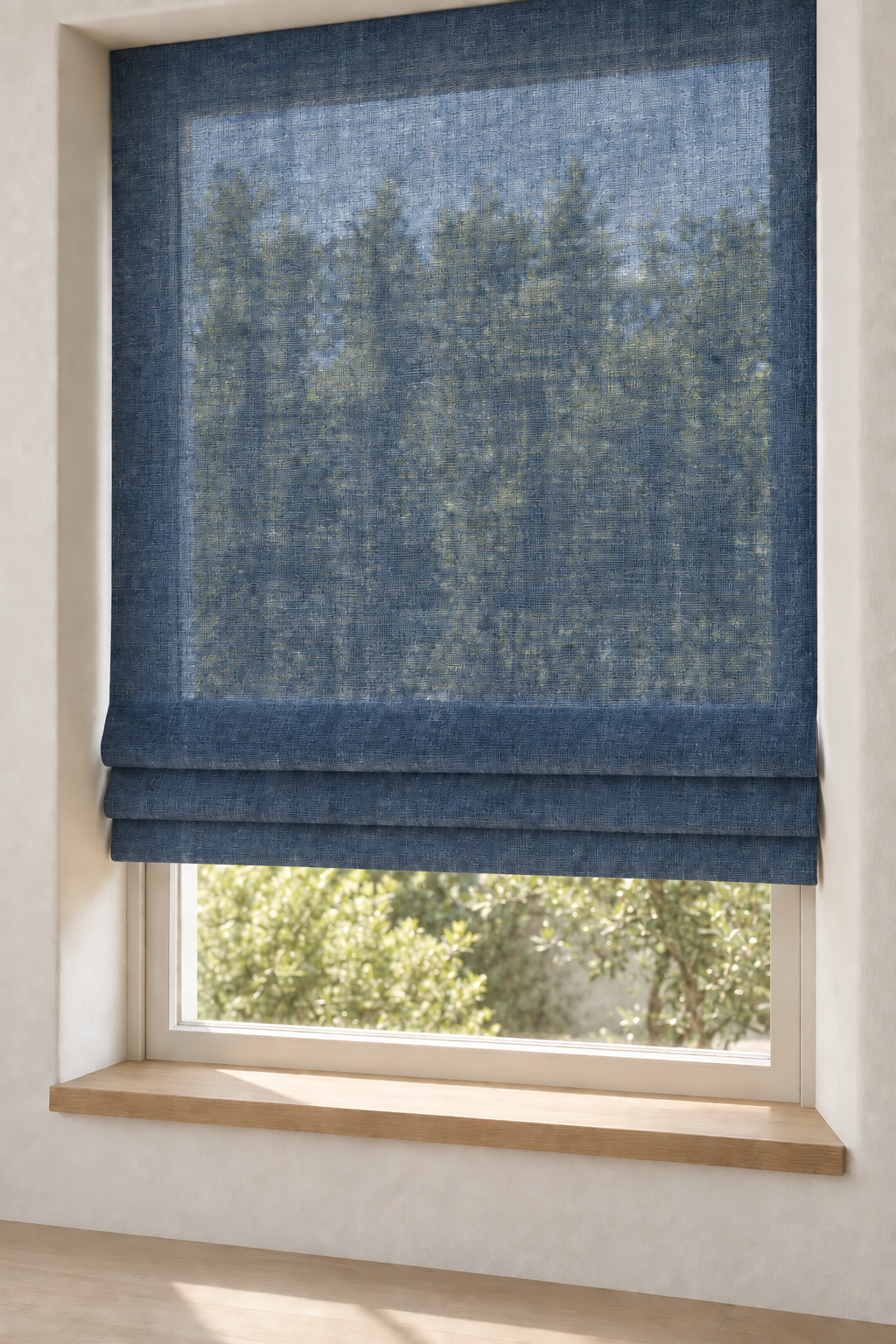 Indigo sheer linen Roman shade