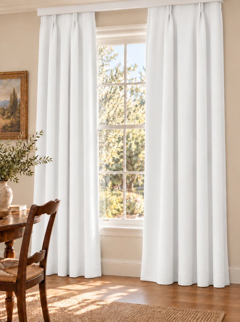 Porcelain Solid Cotton curtains, AI-created room preview.