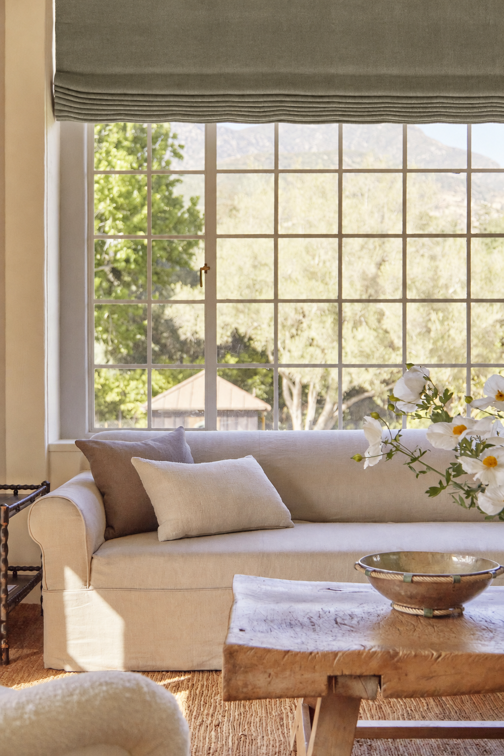 Artichoke cotton velvet Roman shade above a sofa in an interior designed by Mike Moser