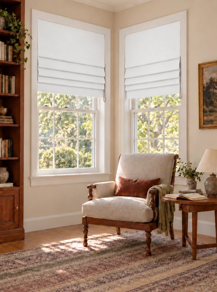 Porcelain Solid Cotton flat Roman shades, AI-created room preview.