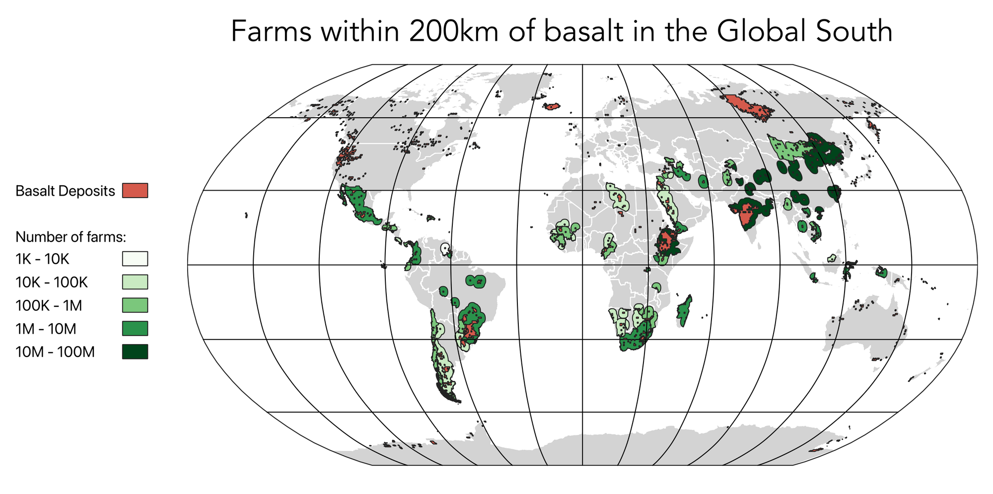Map of basalt deposit and quantity of farms across the globe