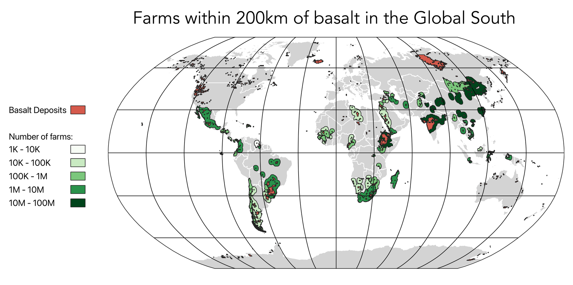 Map of basalt deposit and quantity of farms across the globe