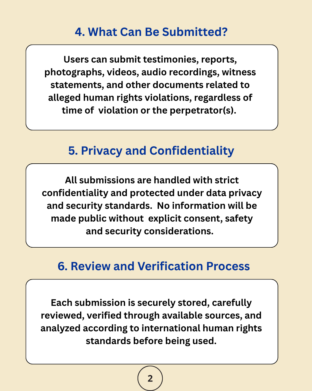 Poster panel 2: what can be submitted, privacy and confidentiality, and the review and verification process.