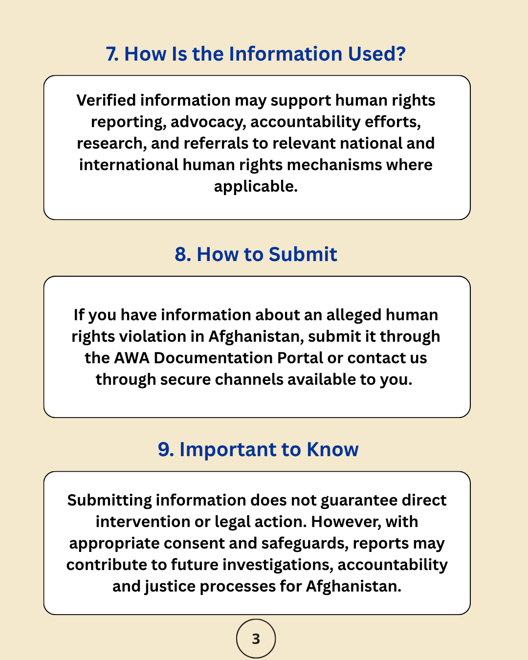 Poster panel 3: how the information is used, how to submit, and what submitting does and does not guarantee.