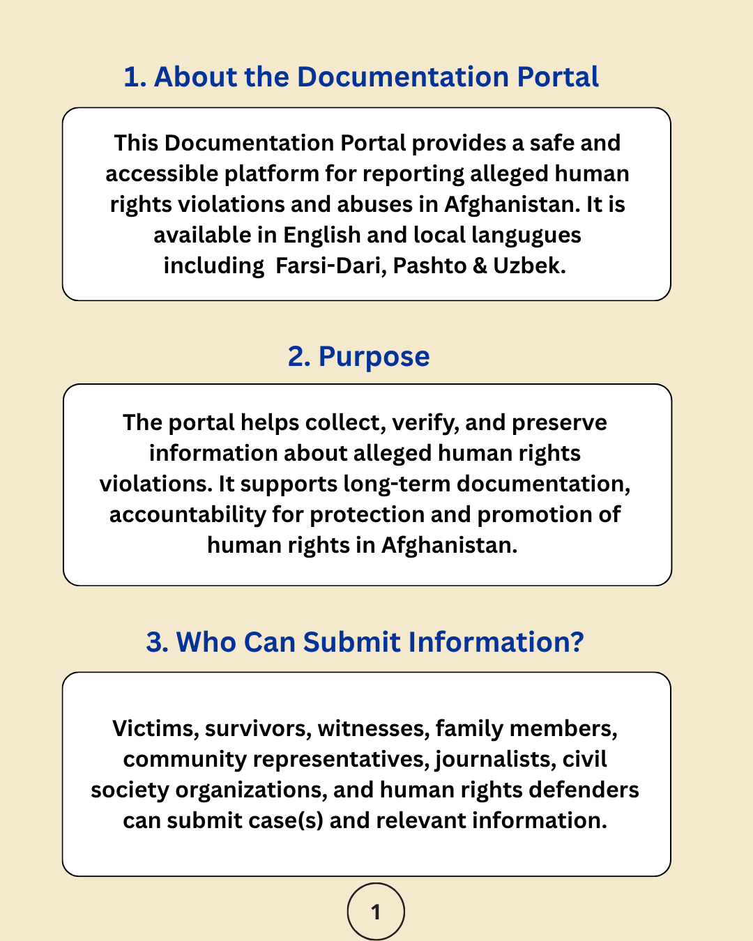 Poster panel 1: about the Documentation Portal, its purpose, and who can submit information.