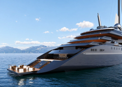 Corinthian’s stern terraces and marina opening toward the water.