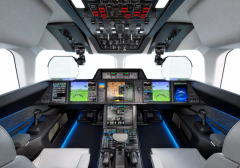 Proposed flight-deck view with head-up displays and touchscreen controls.