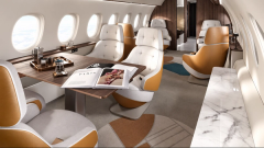 Cabin visualisation with a dining table and facing lounge seats.