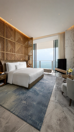 Warm timber, soft tones and a sea view.