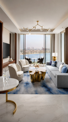 A light-filled living space overlooking the Palm and Dubai.